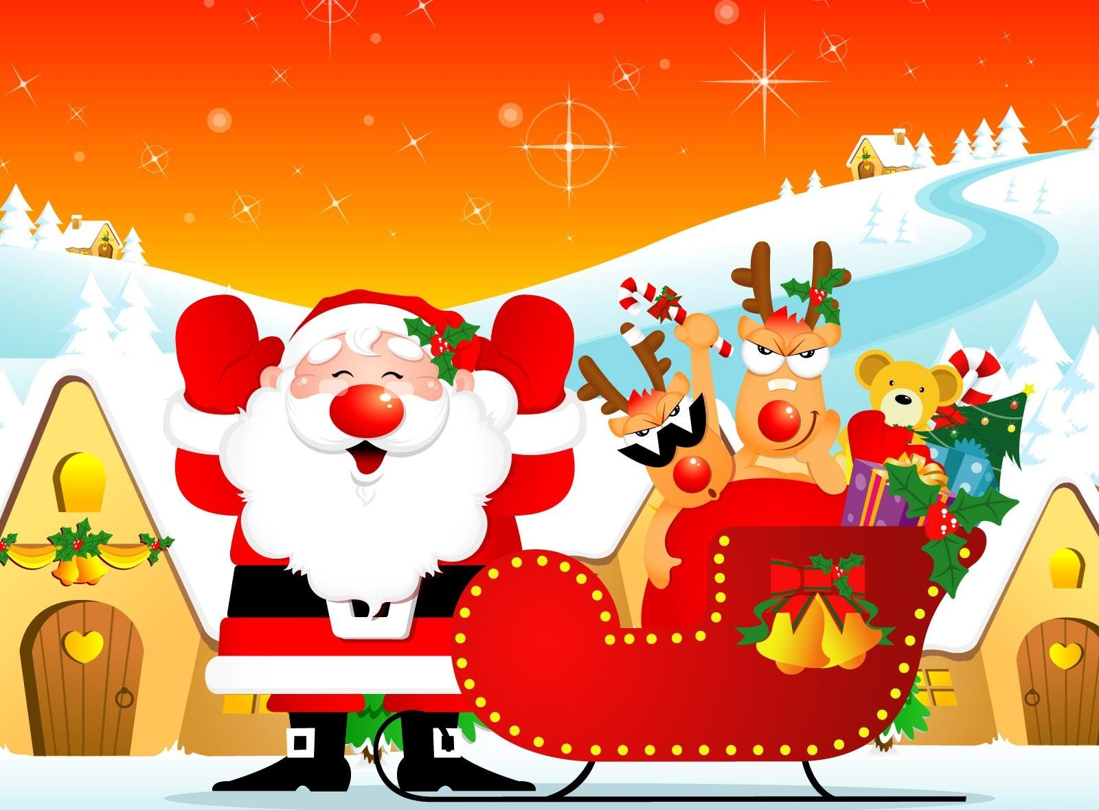 無料モバイル壁紙祝日, サンタクロース, 鹿, 休日, そり, 橇, ギフト, プレゼント, 家, クリスマスをダウンロードします。