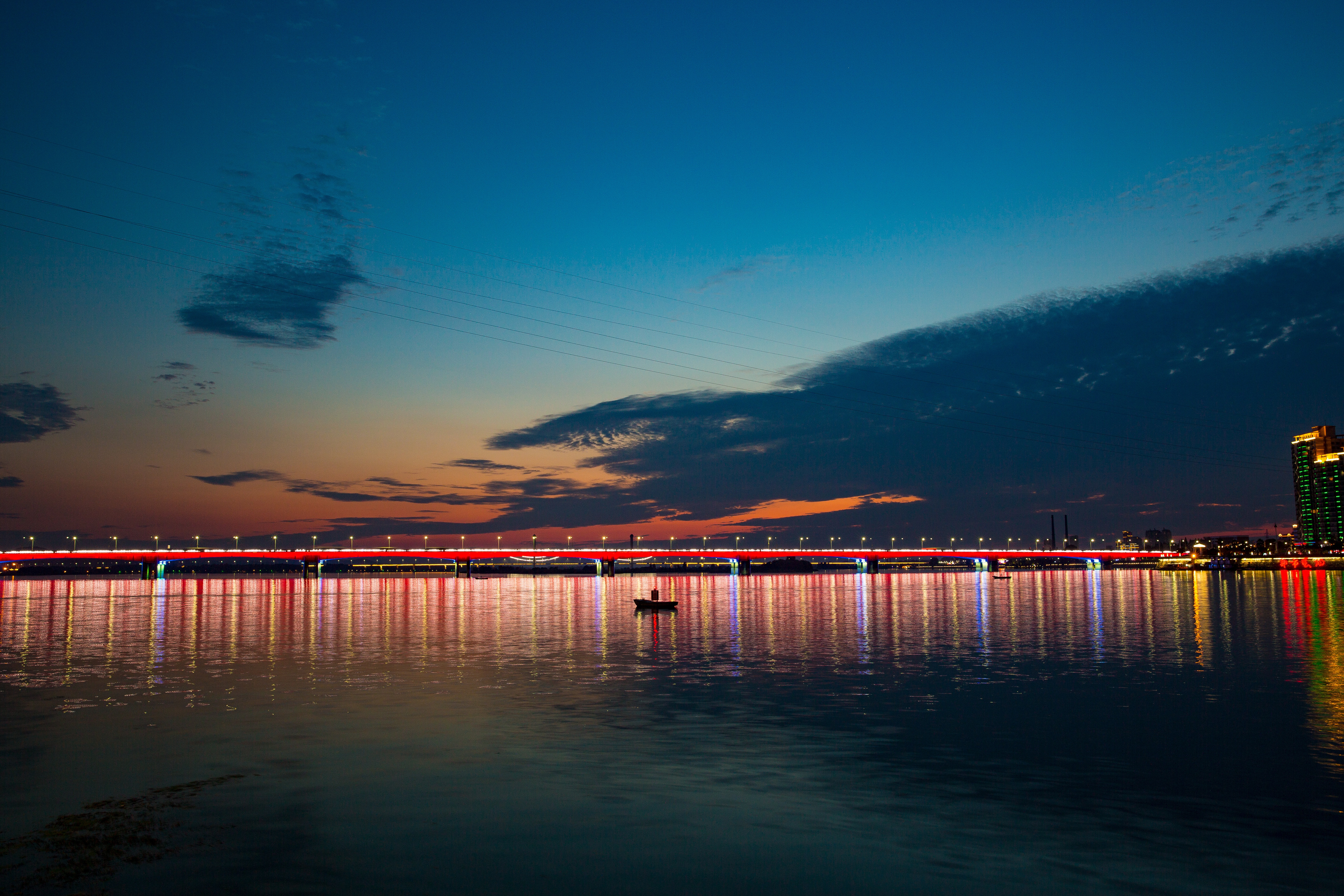 Download mobile wallpaper Bridge, Cities, Sea, Night City, Boat for free.
