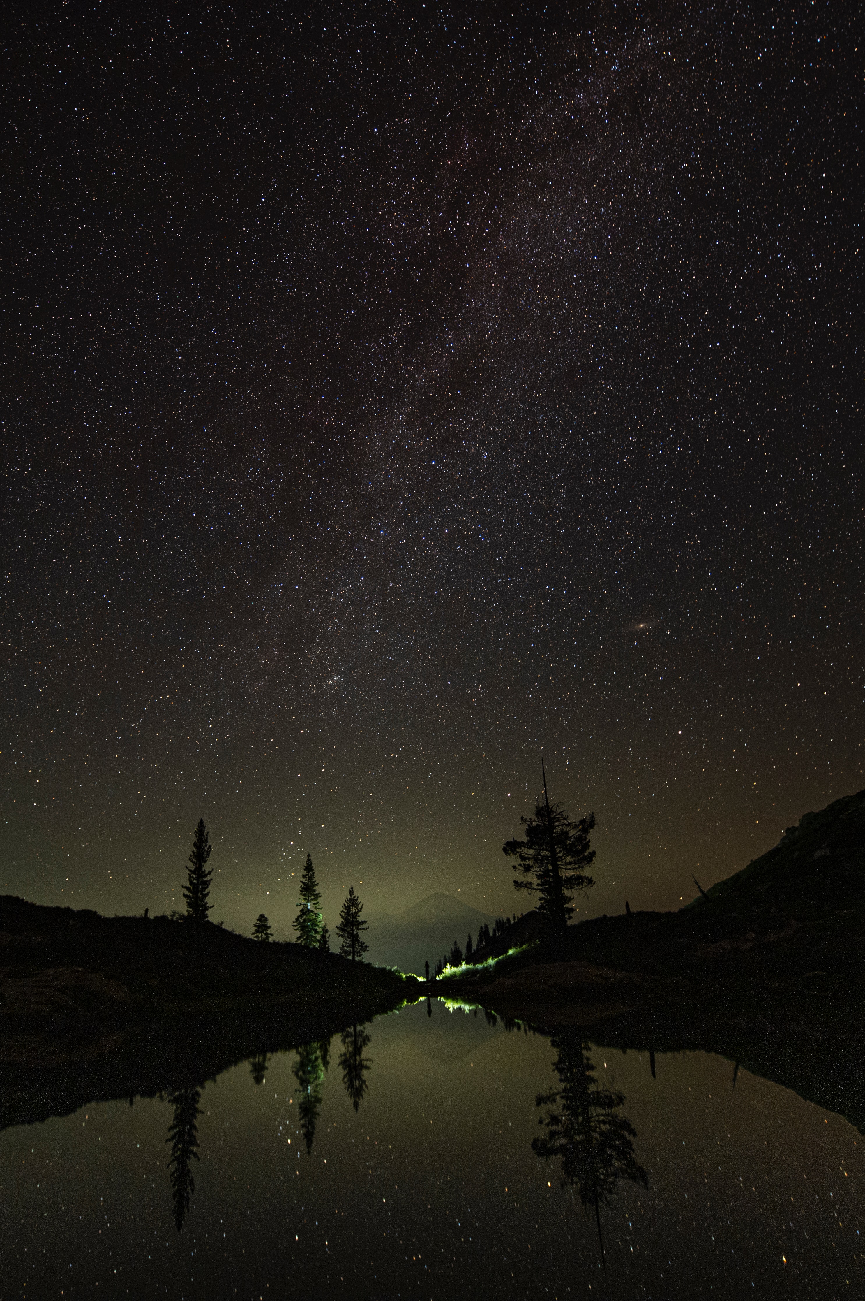 Download mobile wallpaper Reflection, Lake, Mountains, Starry Sky, Stars, Night, Dark for free.