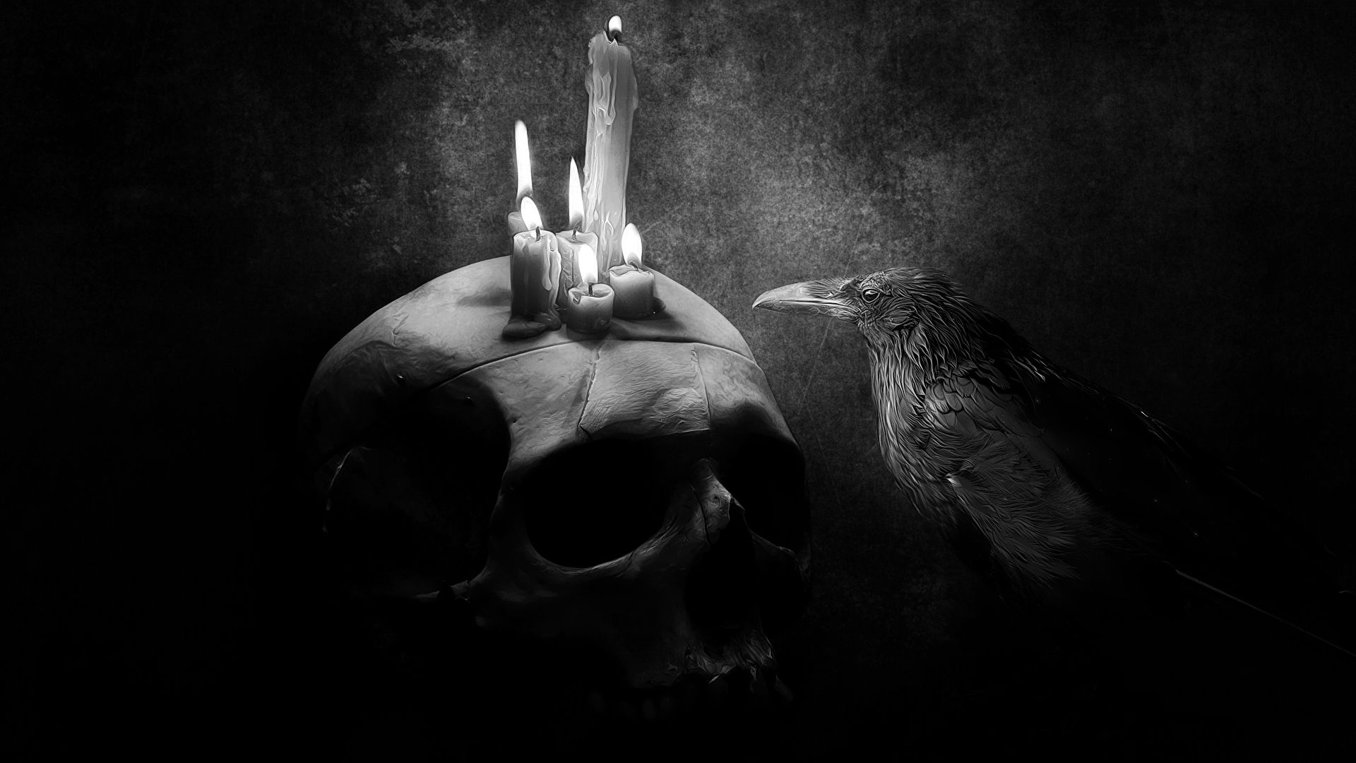 skull, dark, bird, picture, drawing, candle, crow