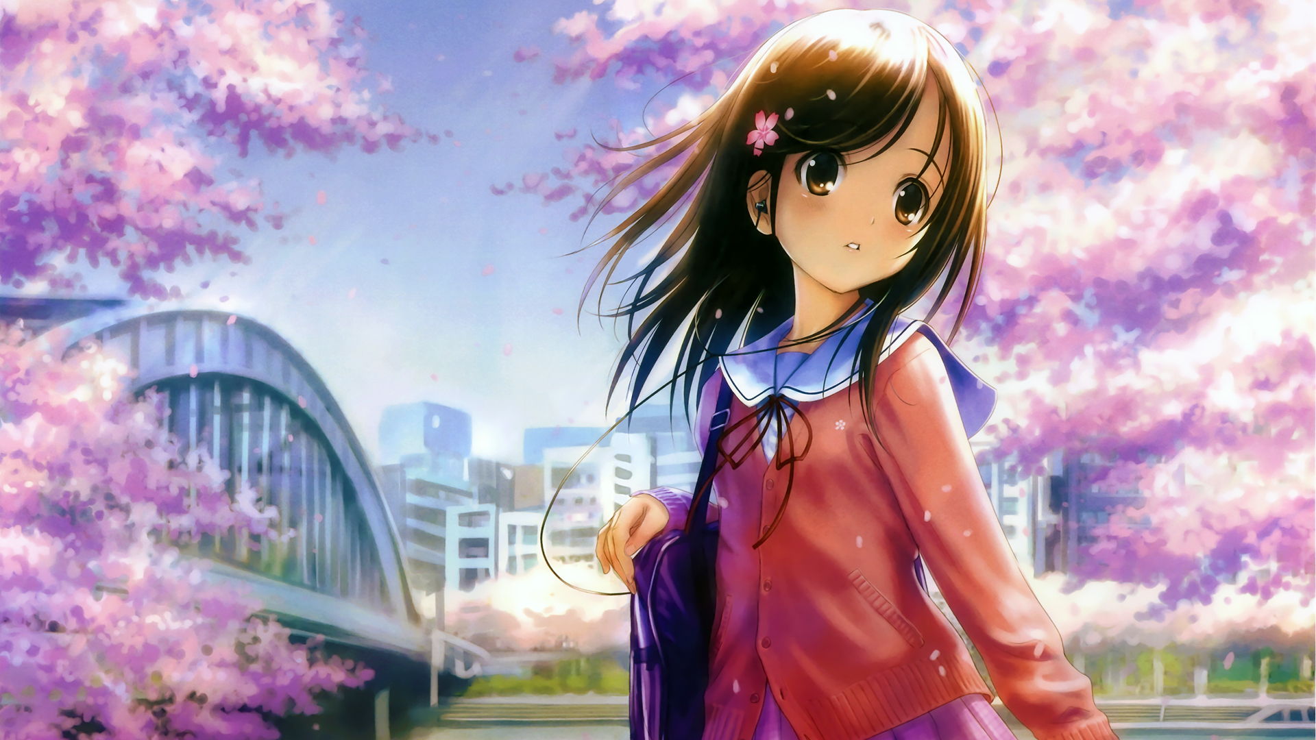 Download mobile wallpaper Anime, Flower, Tree, Bridge, Cute, Uniform, Original, Scenic, School Uniform for free.