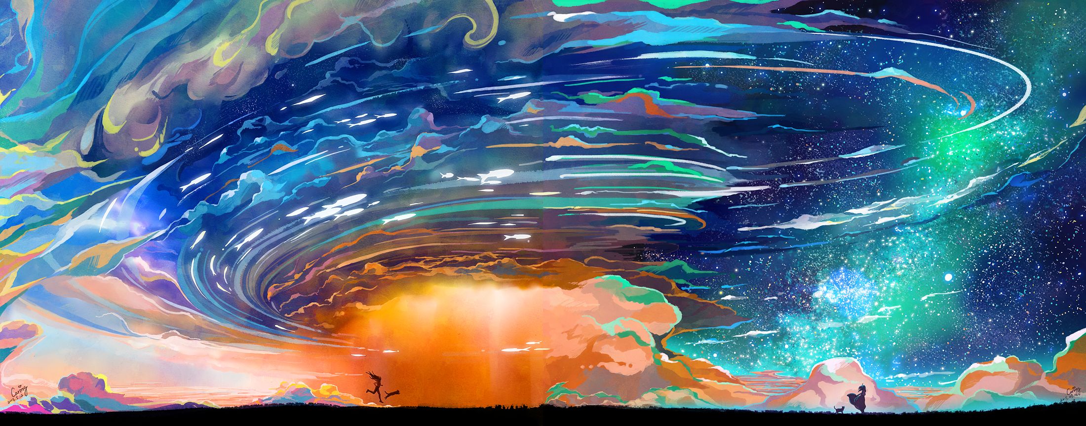 Download mobile wallpaper Landscape, Fantasy, Sky, Light, Cat, Storm, Cloud, Star for free.