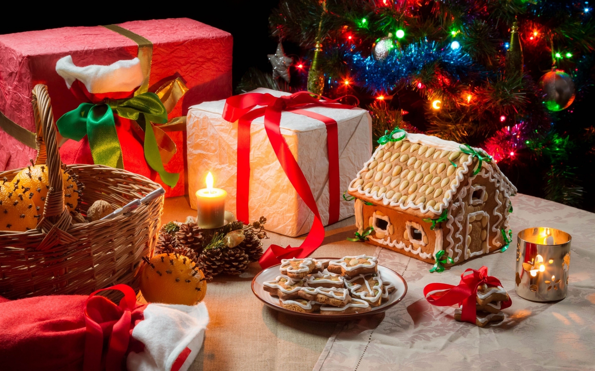 Download mobile wallpaper Christmas, Holiday, House, Cake, Gift, Decoration, Candle, Cookie for free.