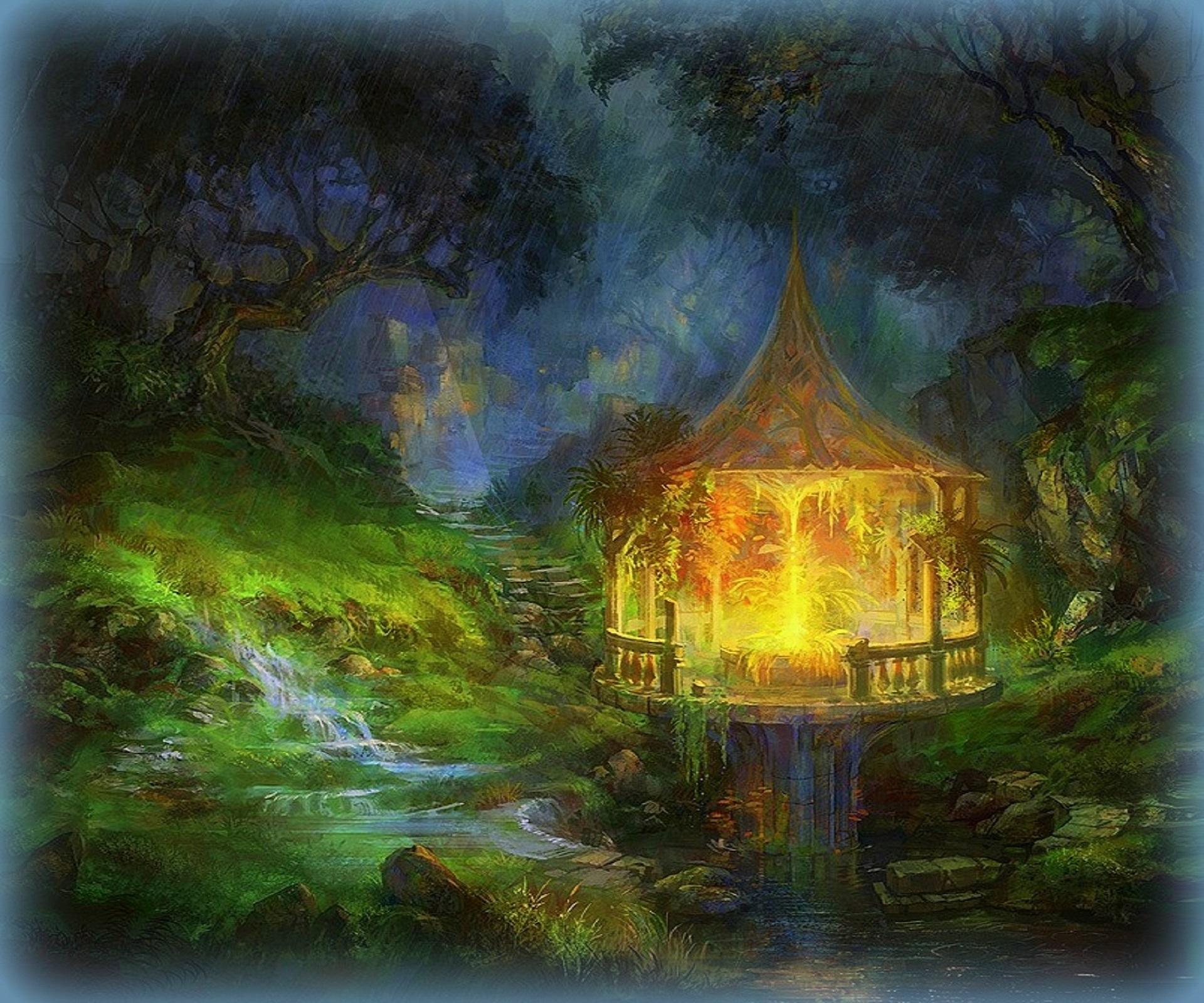 Download mobile wallpaper Fantasy, Waterfall, Forest, Tree, Pond, Golden, Gazebo for free.