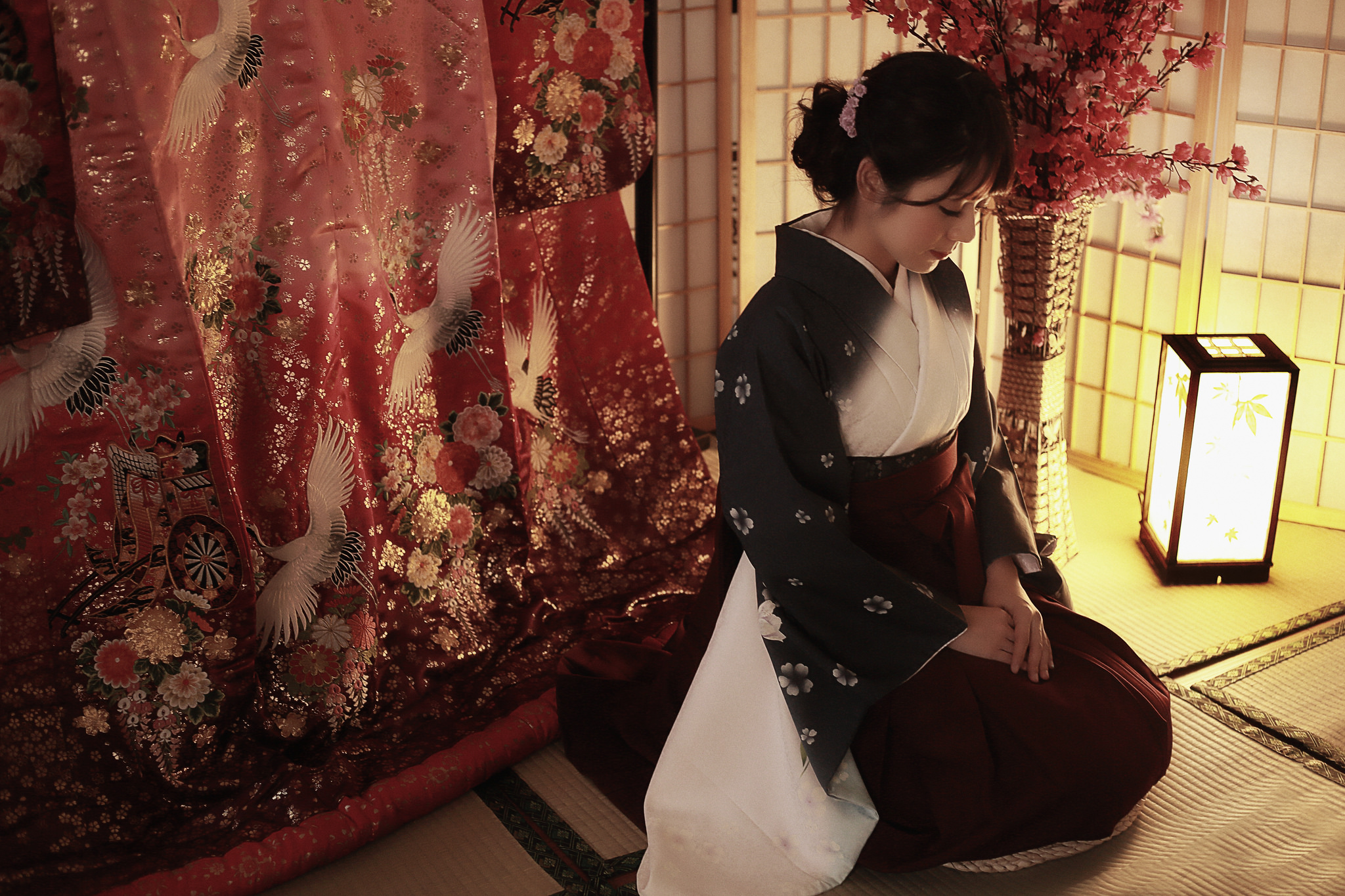 Download mobile wallpaper Bird, Bouquet, Lamp, Kimono, Women, Asian for free.
