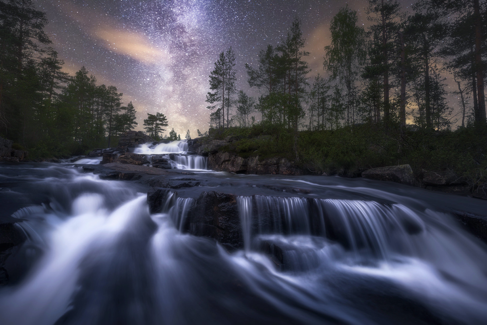 Download mobile wallpaper Nature, Night, Waterfall, Tree, Starry Sky, Earth, Foam, River for free.
