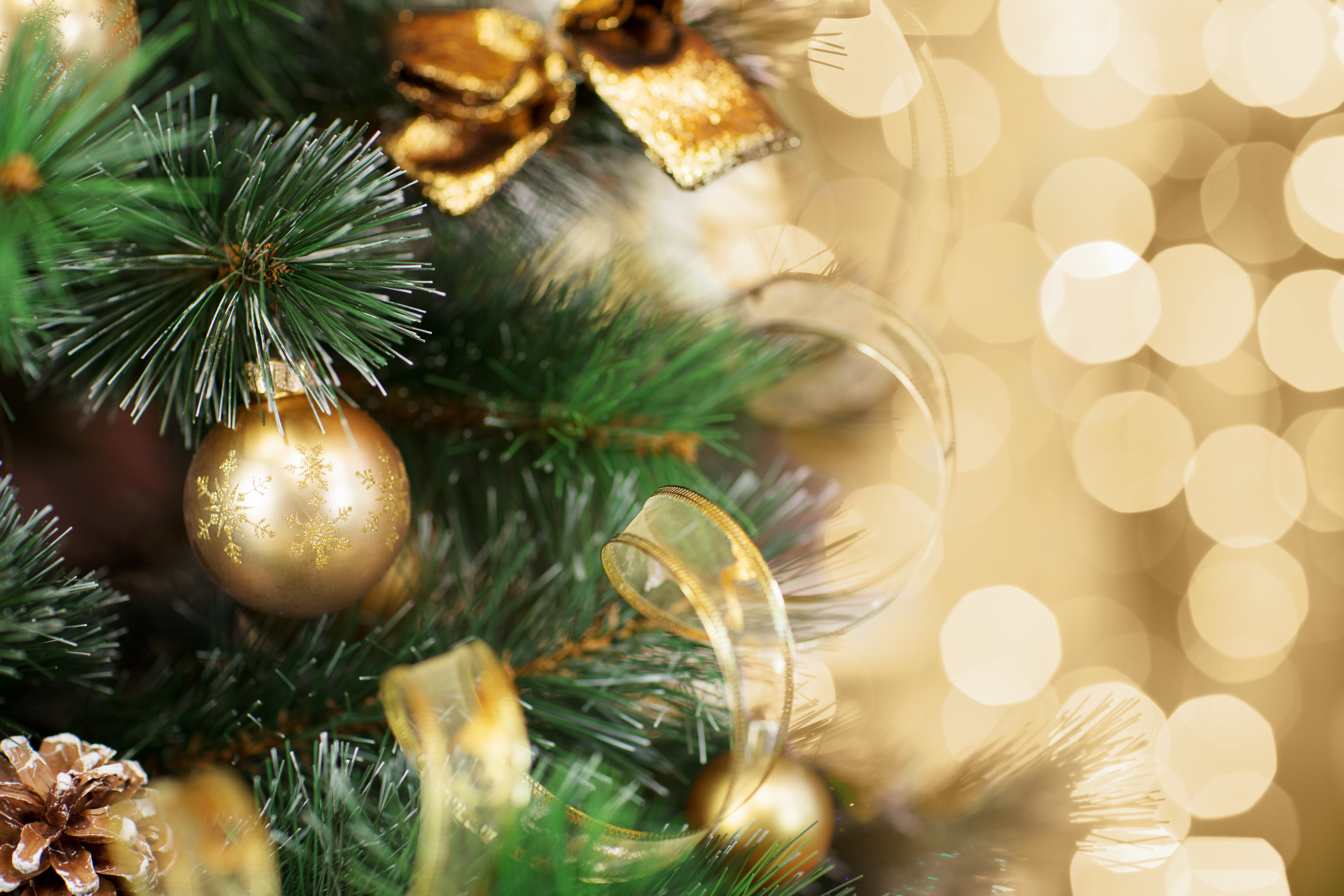 Download mobile wallpaper Christmas, Holiday, Golden, Bokeh, Ribbon, Christmas Ornaments for free.