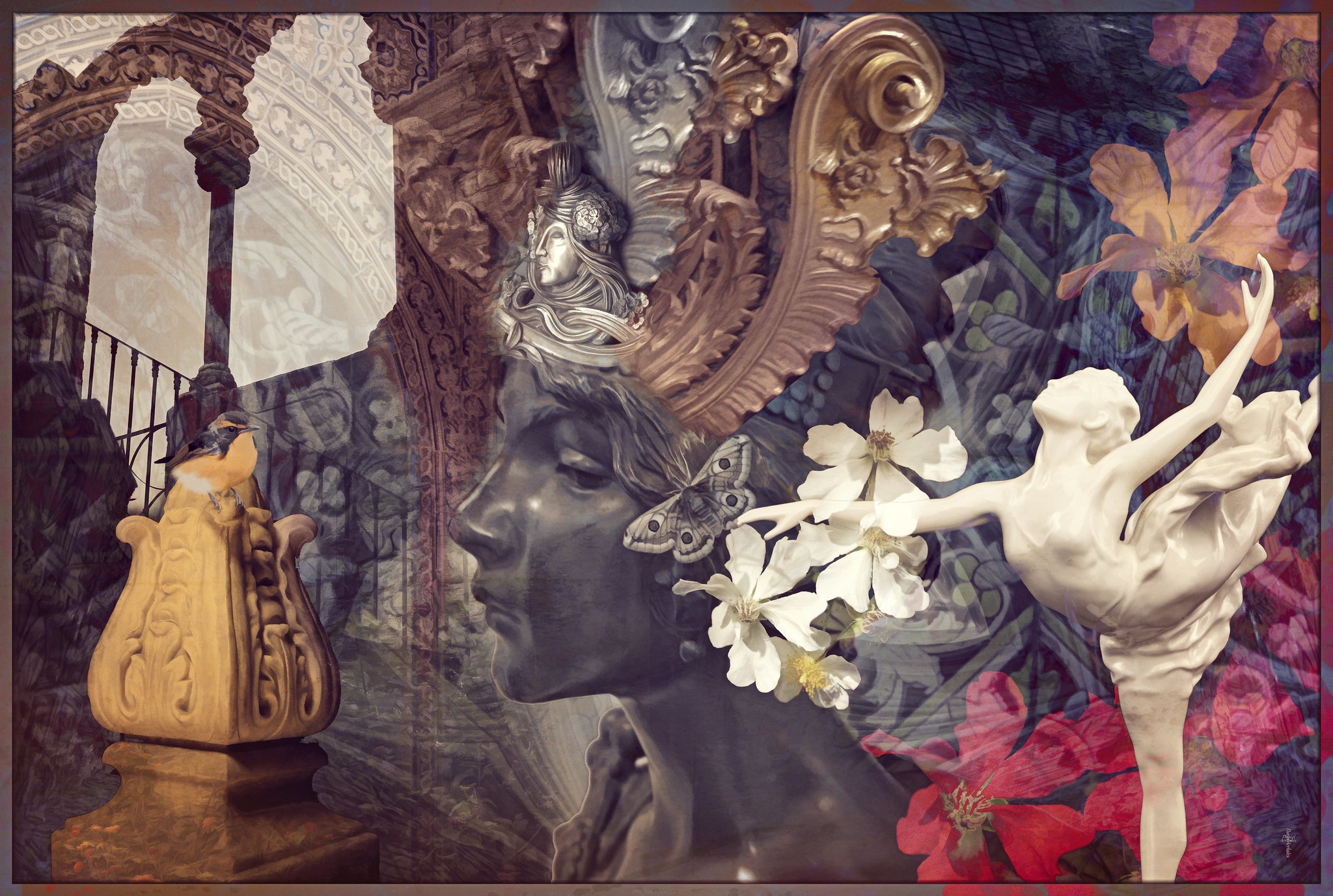 artistic, collage, ballerina, flower, statue