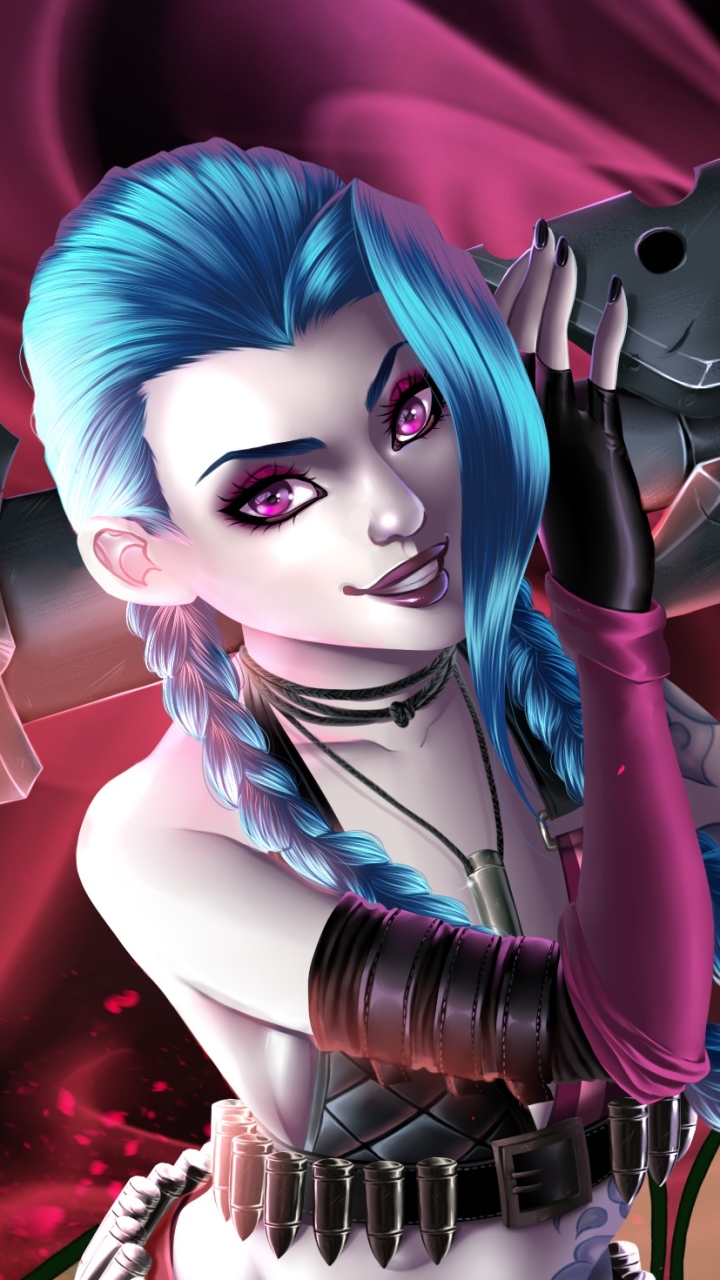 Download mobile wallpaper League Of Legends, Smile, Braid, Blue Hair, Video Game, Long Hair, Purple Eyes, Woman Warrior, Jinx (League Of Legends) for free.