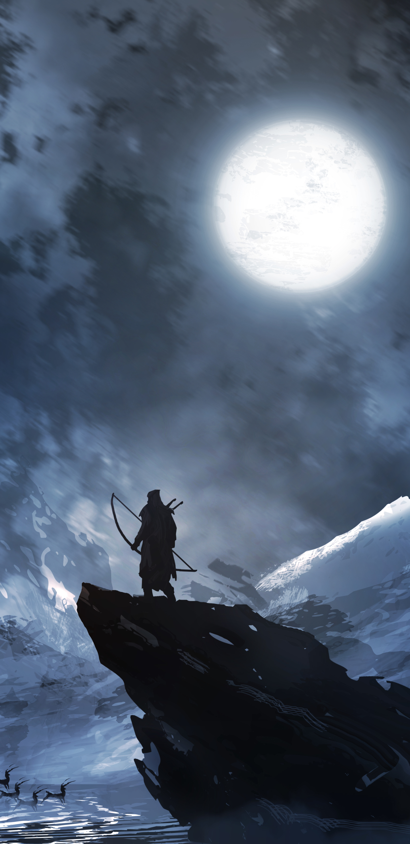 Download mobile wallpaper Landscape, Fantasy, Night, Moon, Mountain, Warrior, Archer for free.