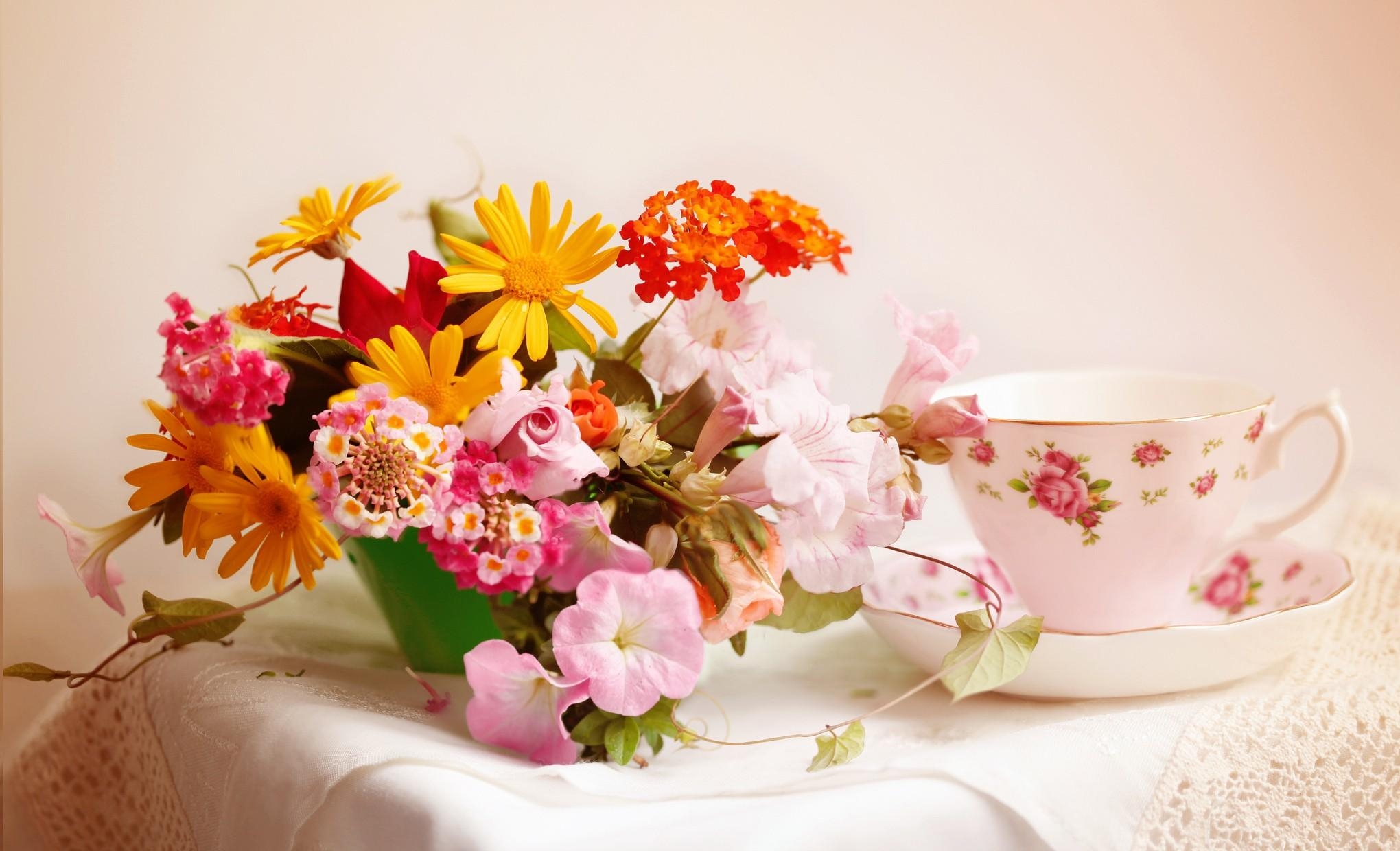 flowers, roses, bowl, tea set, different, tablecloth
