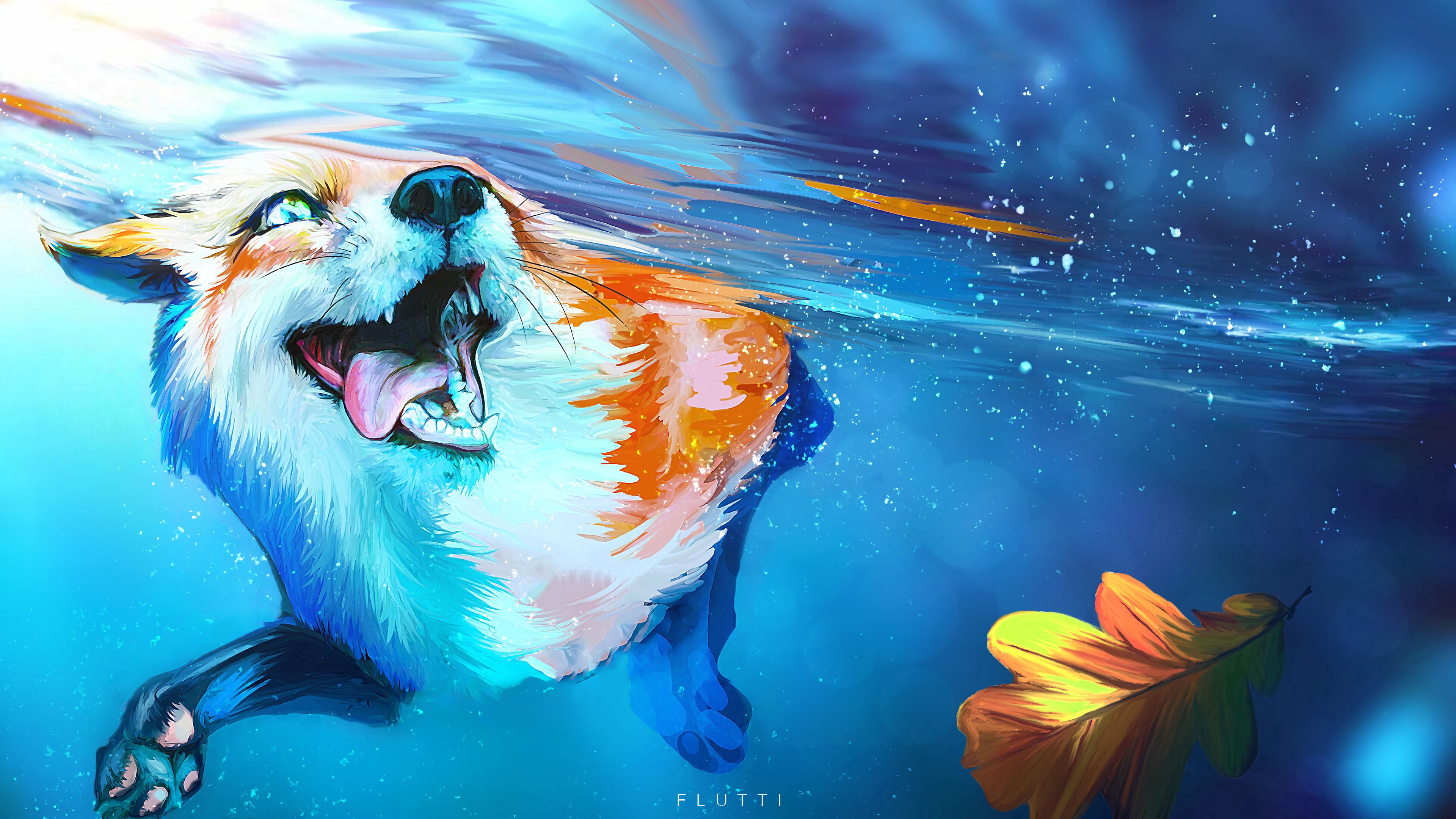 art, under water, water, fox, protruding tongue, tongue stuck out, to swim, swim, underwater