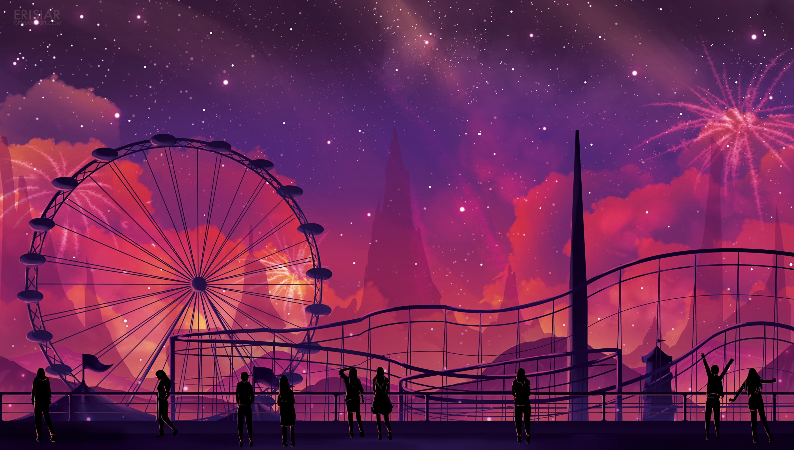 man made, amusement park, night, people, starry sky, amusement parks