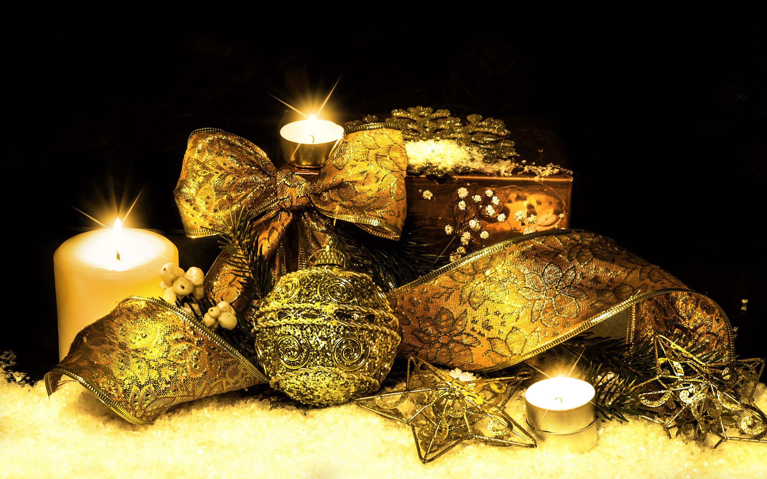Download mobile wallpaper Christmas, Holiday, Golden, Candle, Star, Ribbon, Christmas Ornaments for free.