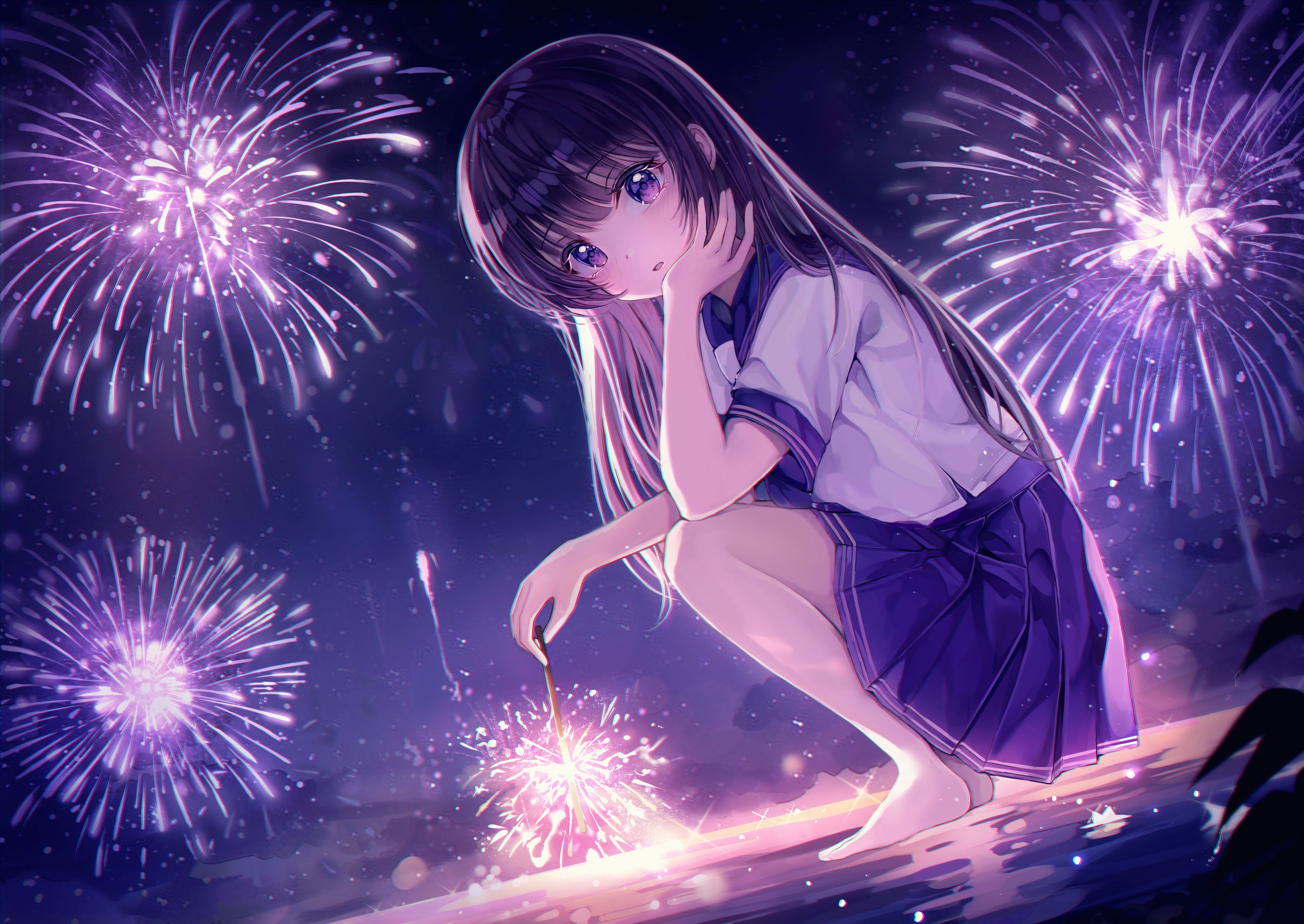 Download mobile wallpaper Anime, Night, Girl, Fireworks, School Uniform for free.