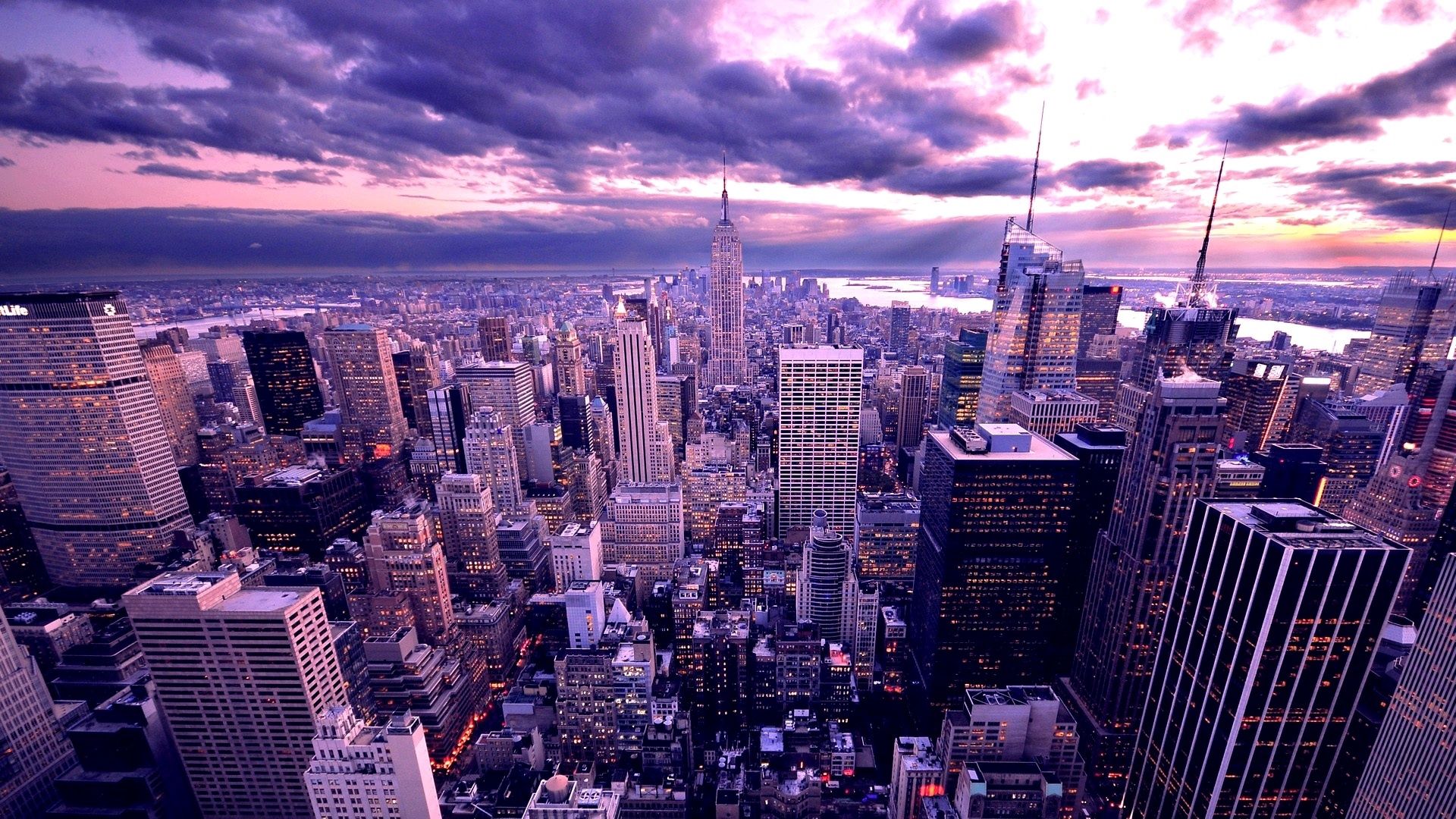 new york, cities, skyscrapers, evening Panoramic Wallpaper
