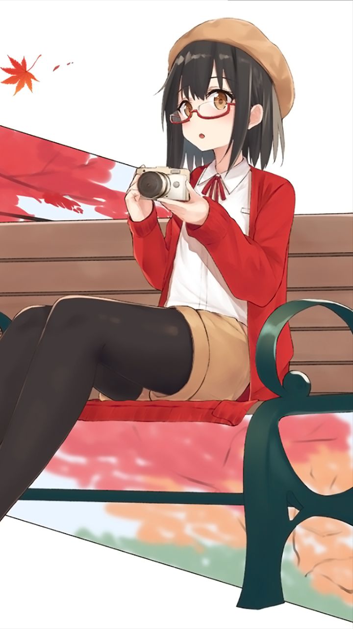 Download mobile wallpaper Anime, Bench, Camera, Glasses, Original, Short Hair, Thigh Highs for free.