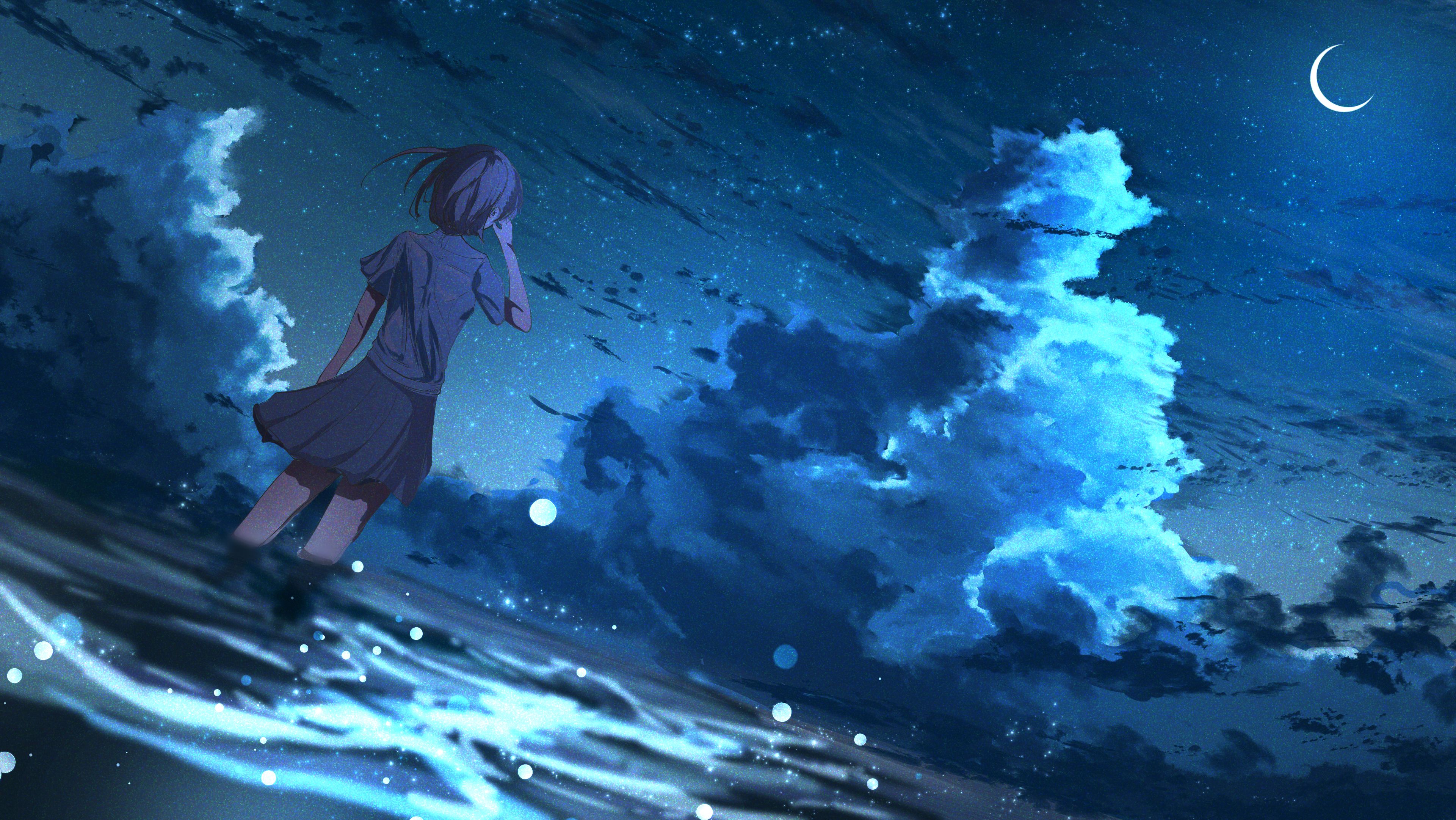 Free download wallpaper Art, Wind, Stars, Night, Girl, Anime on your PC desktop