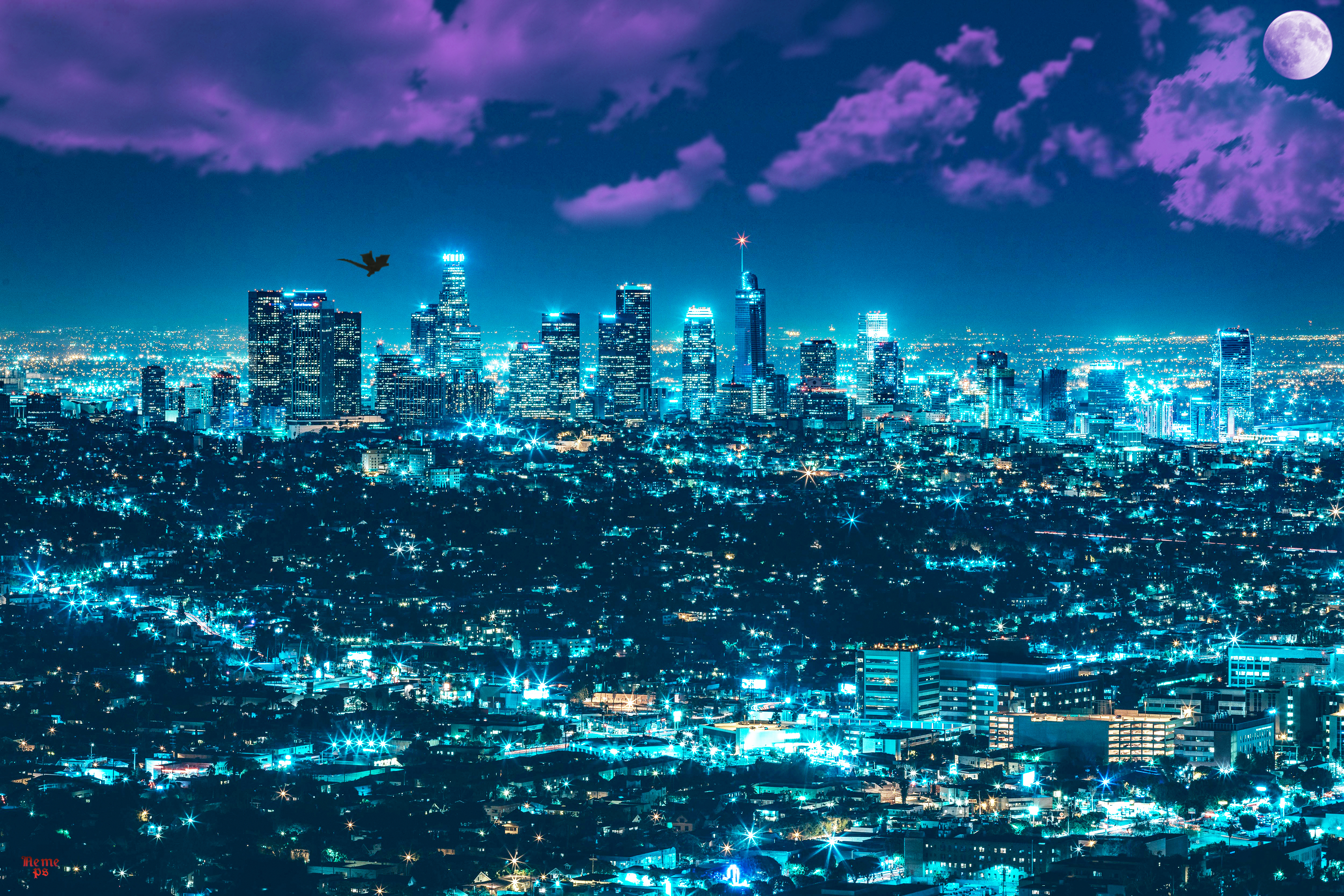 Download mobile wallpaper Cities, Sky, Night, Moon, City, Light, Dragon, Cloud, Los Angeles, Man Made for free.