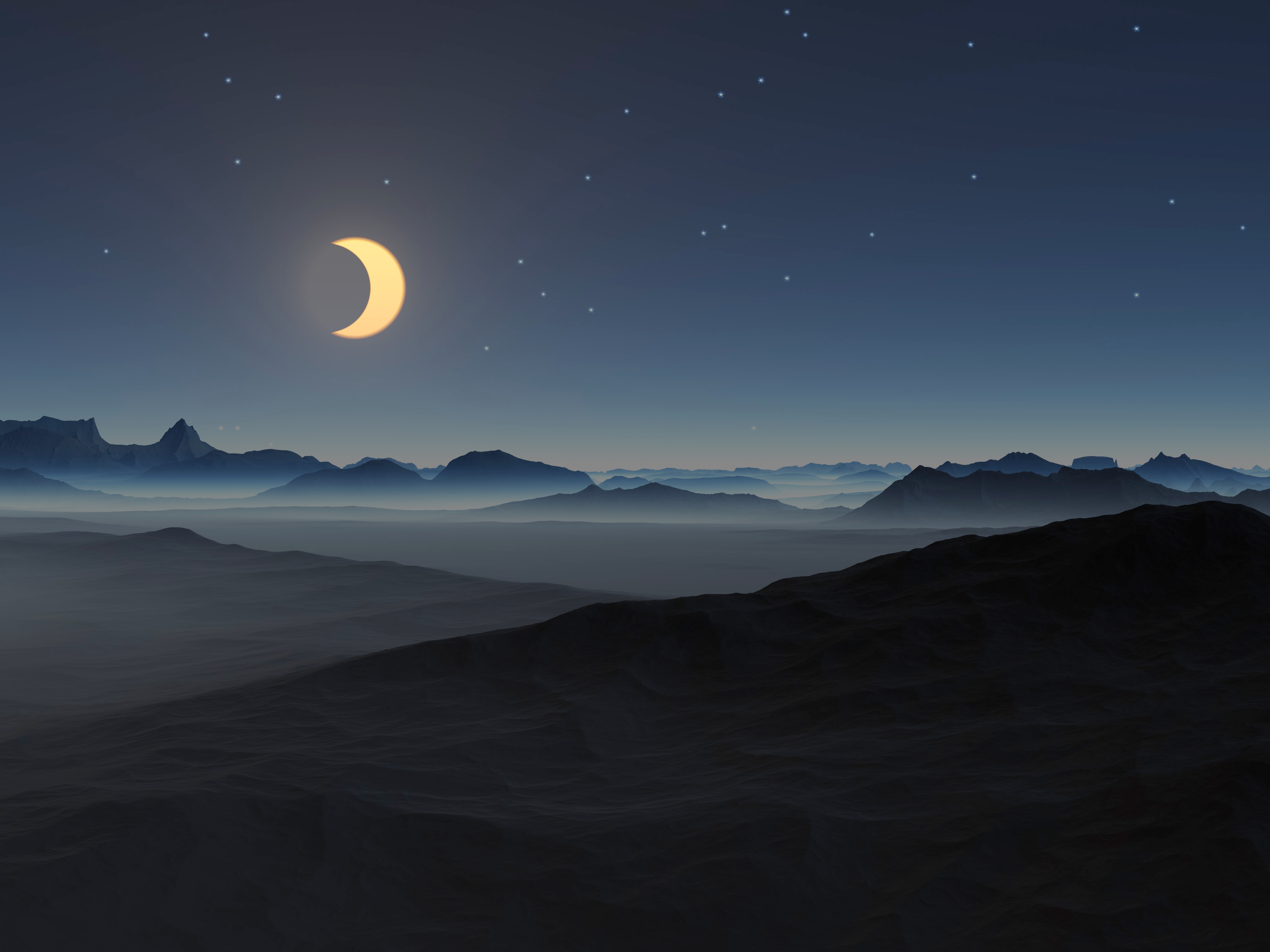 Laden Sie das Mond, Wüste, Gebirge, Halbmond, Nacht, Künstlerisch-Bild kostenlos auf Ihren PC-Desktop herunter