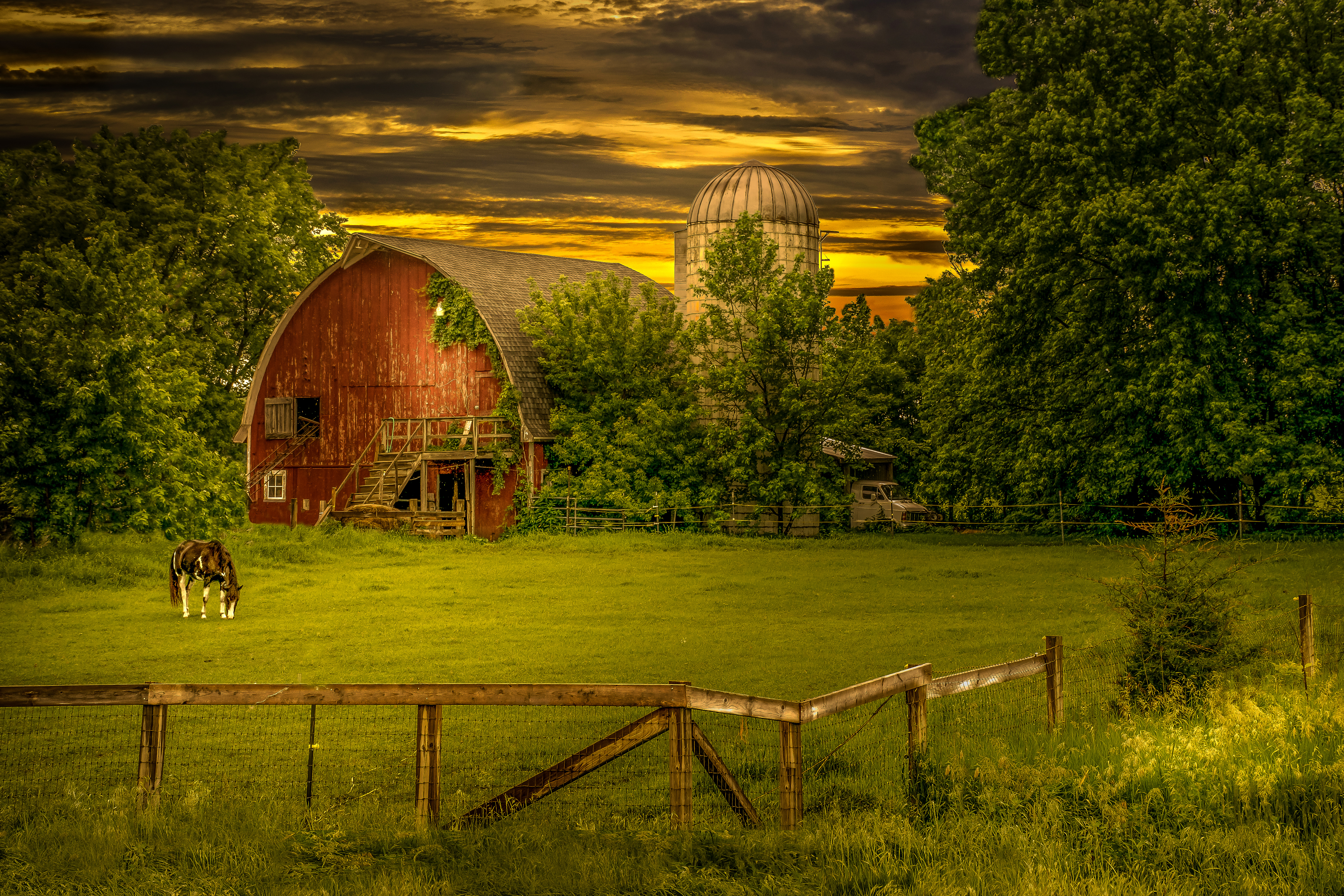 Free download wallpaper Field, Fence, Horse, Barn, Man Made on your PC desktop