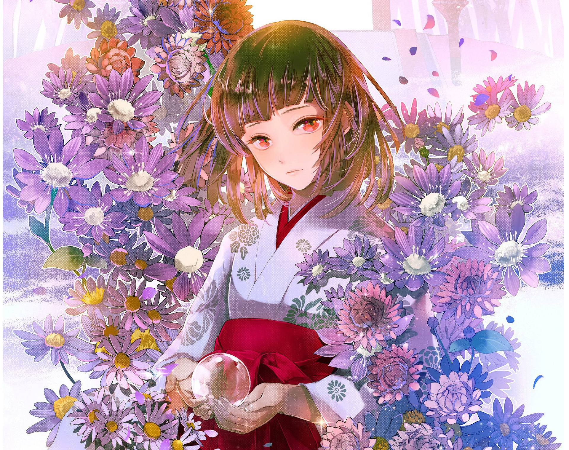 Laden Sie das Mädchen, Blume, Kimono, Rote Augen, Animes, Braune Haare-Bild kostenlos auf Ihren PC-Desktop herunter