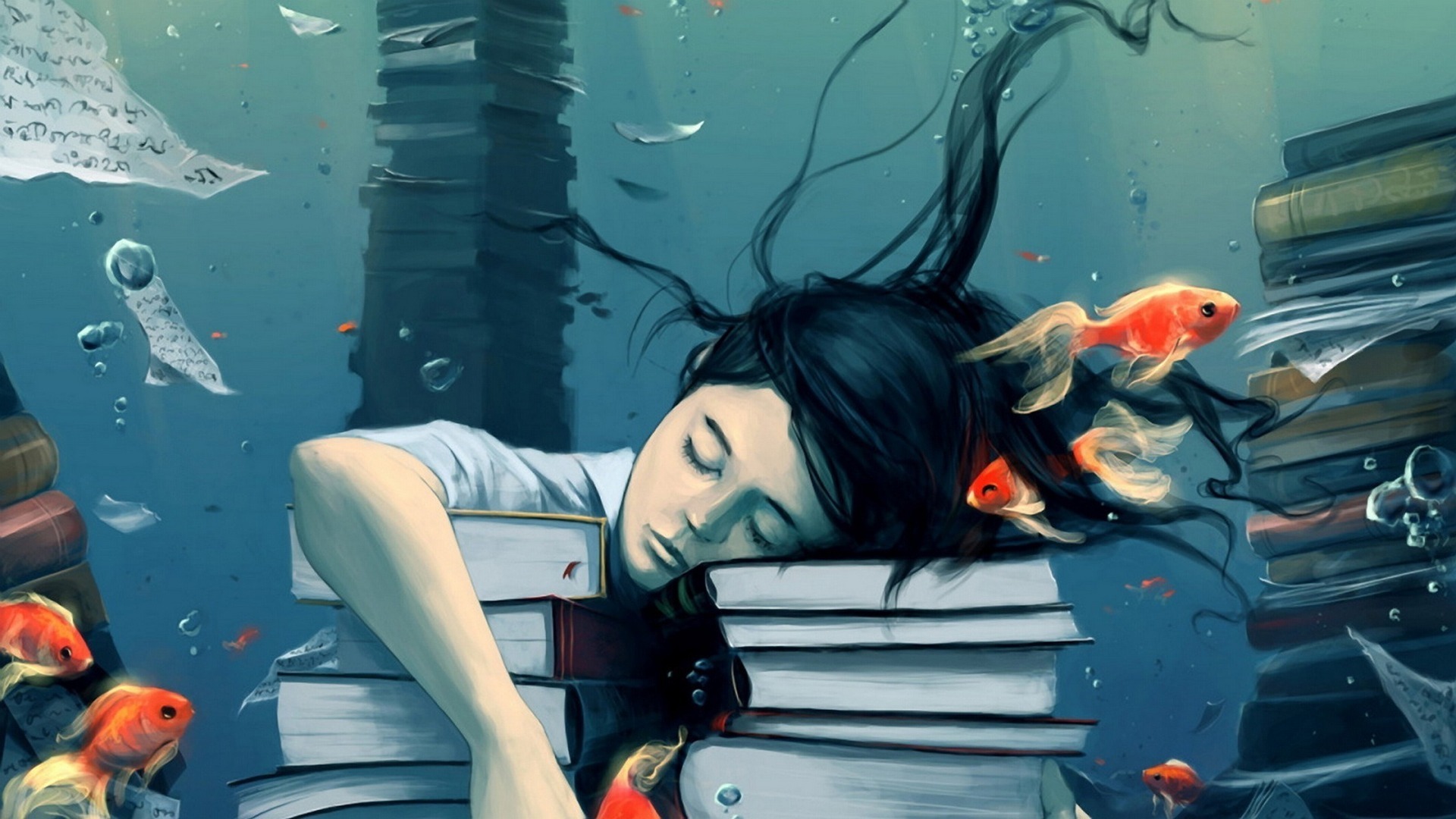 Download mobile wallpaper Fish, Women, Book, Underwater, Artistic for free.
