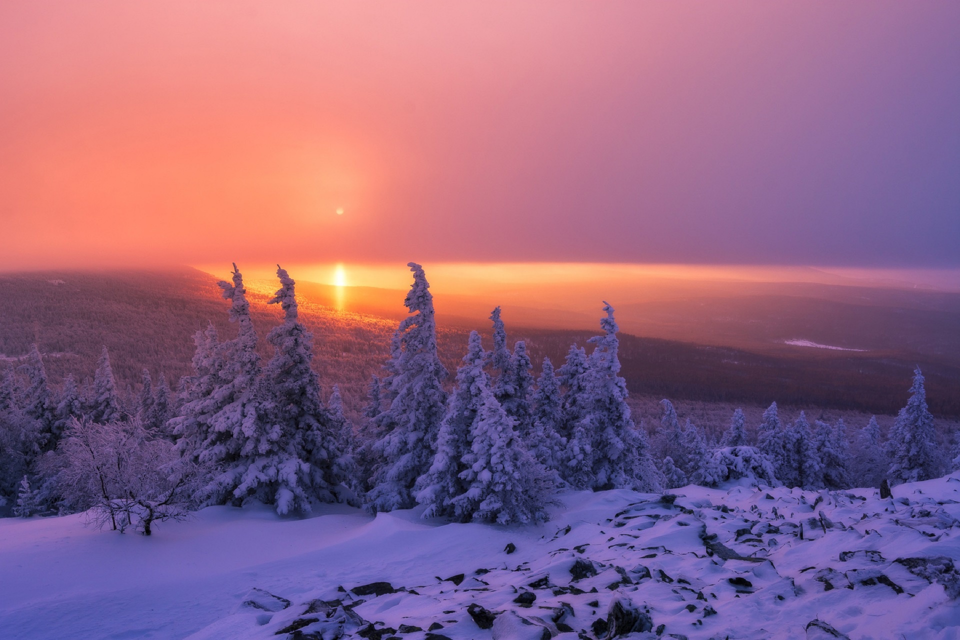 Handy-Wallpaper Landschaft, Winter, Natur, Wald, Himmel, Sonnenuntergang, Erde/natur kostenlos herunterladen.