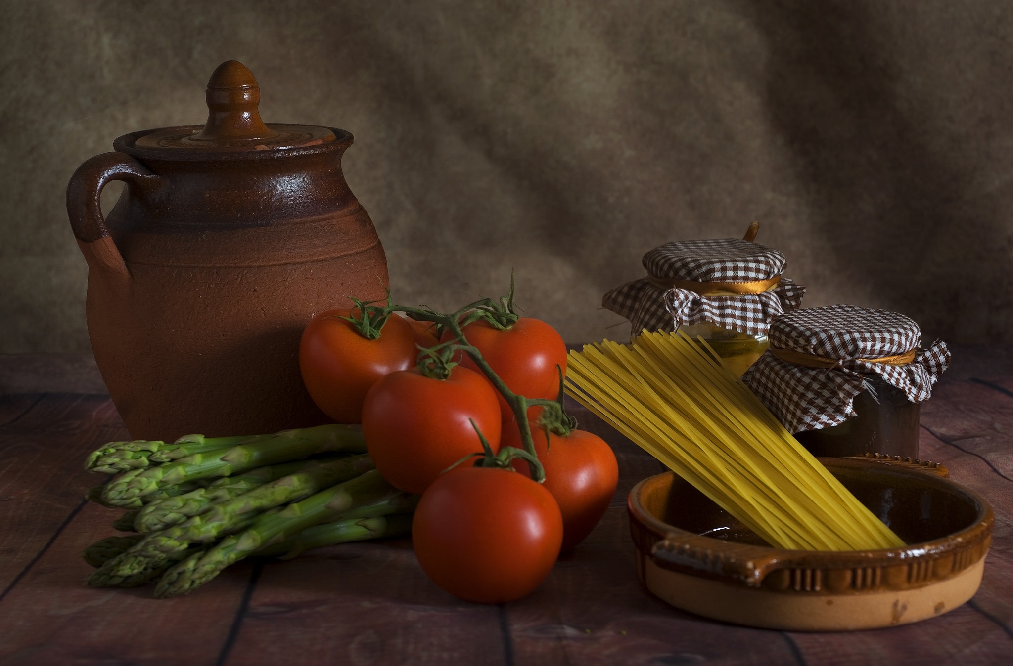 food, still life, asparagus, pasta, tomato