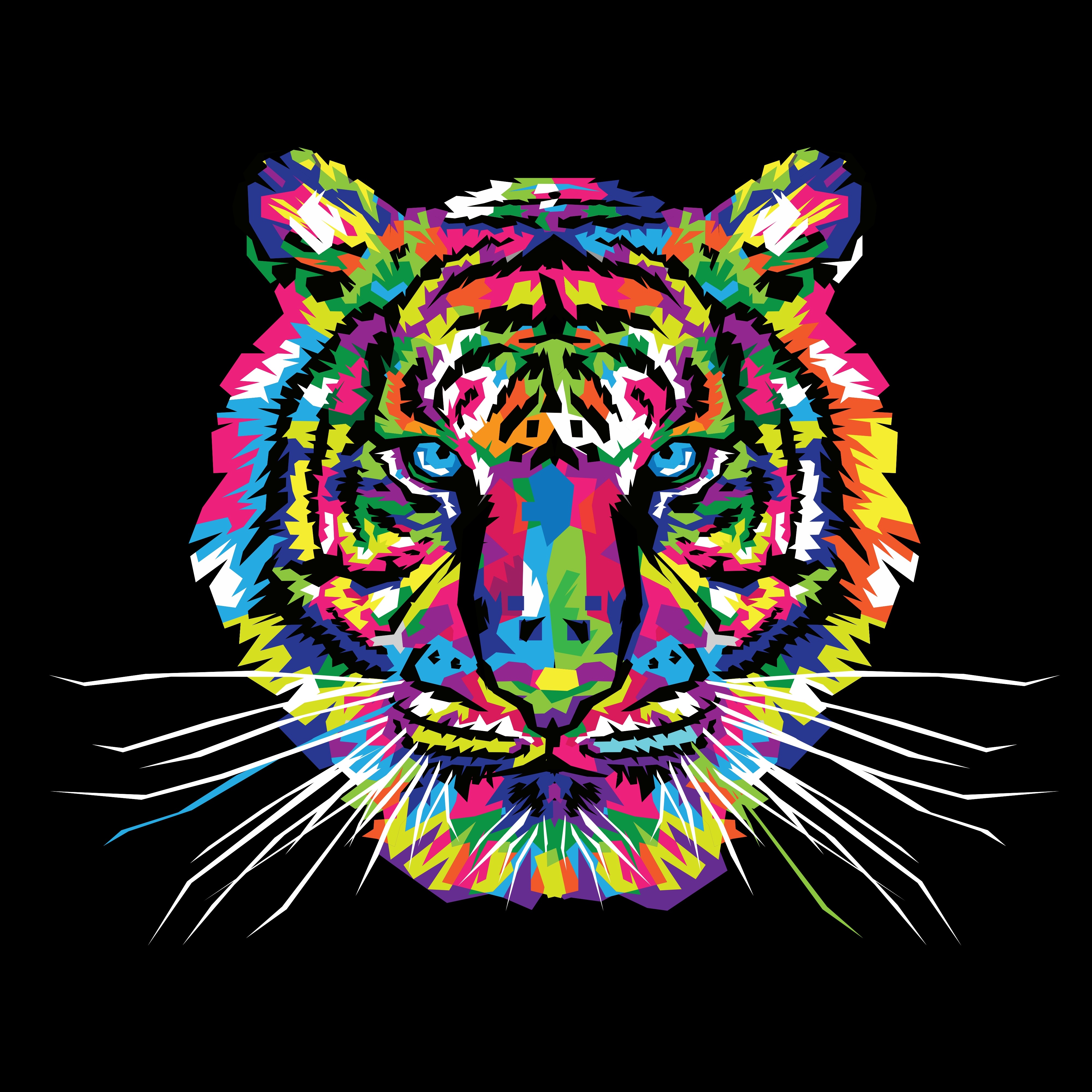 84411 Hintergrundbild herunterladen tiger, mehrfarbig, vektor, kunst, motley, ornament - Bildschirmschoner und Bilder kostenlos