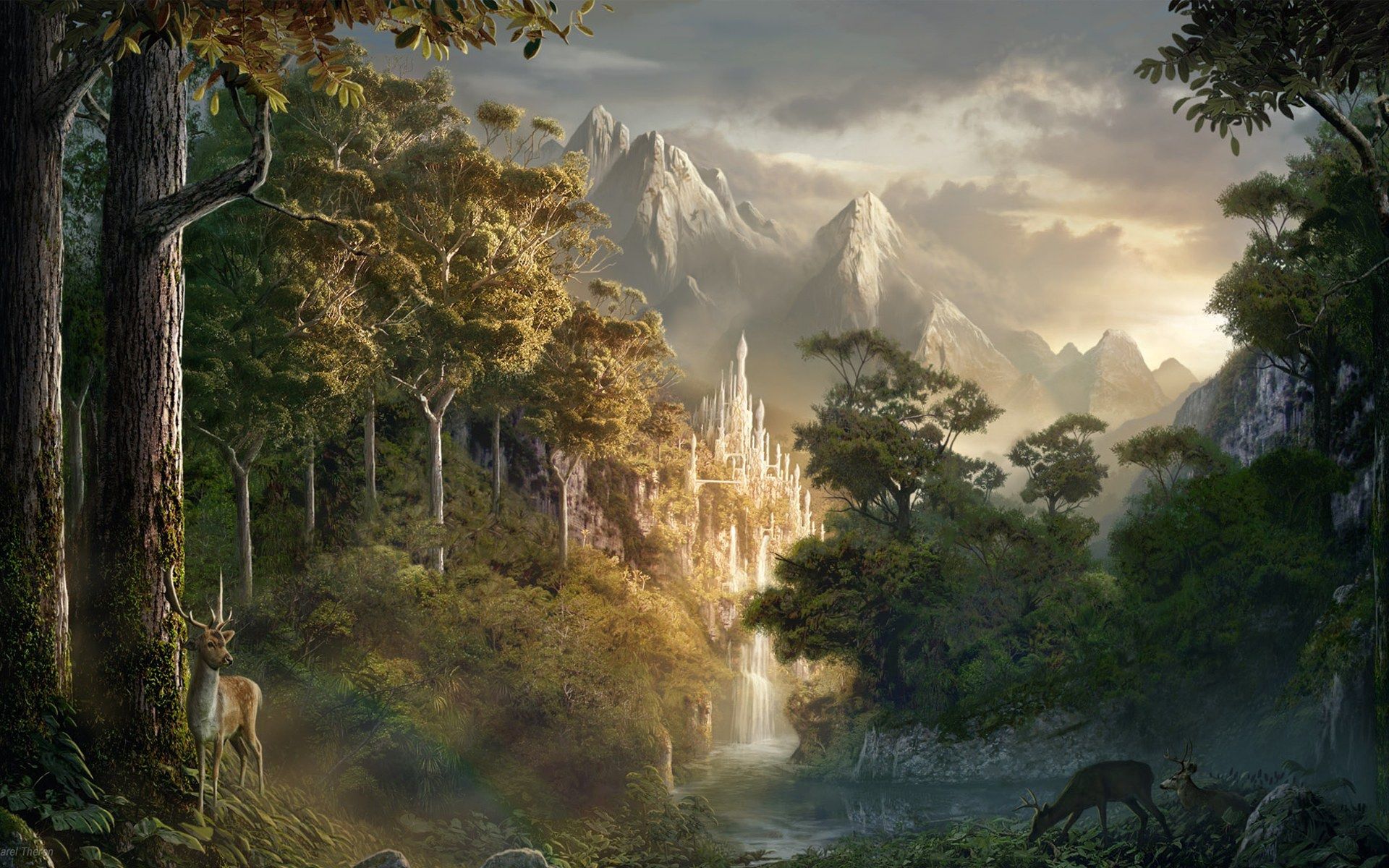 Free download wallpaper Mountains, Deer, Forest, Fantasy on your PC desktop