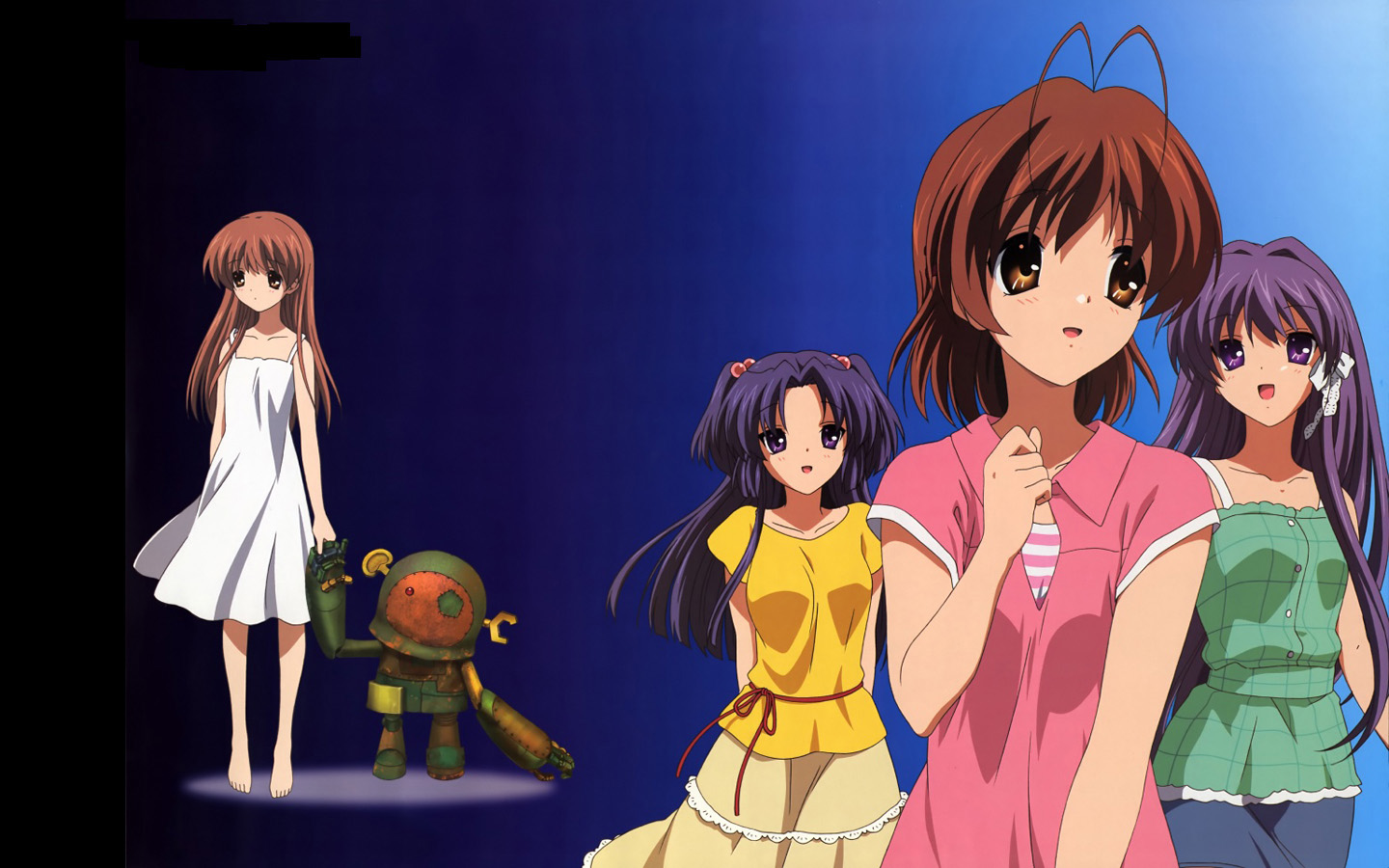 anime, clannad, girl from the illusionary world, junk robot, kotomi ichinose, kyou fujibayashi, nagisa furukawa