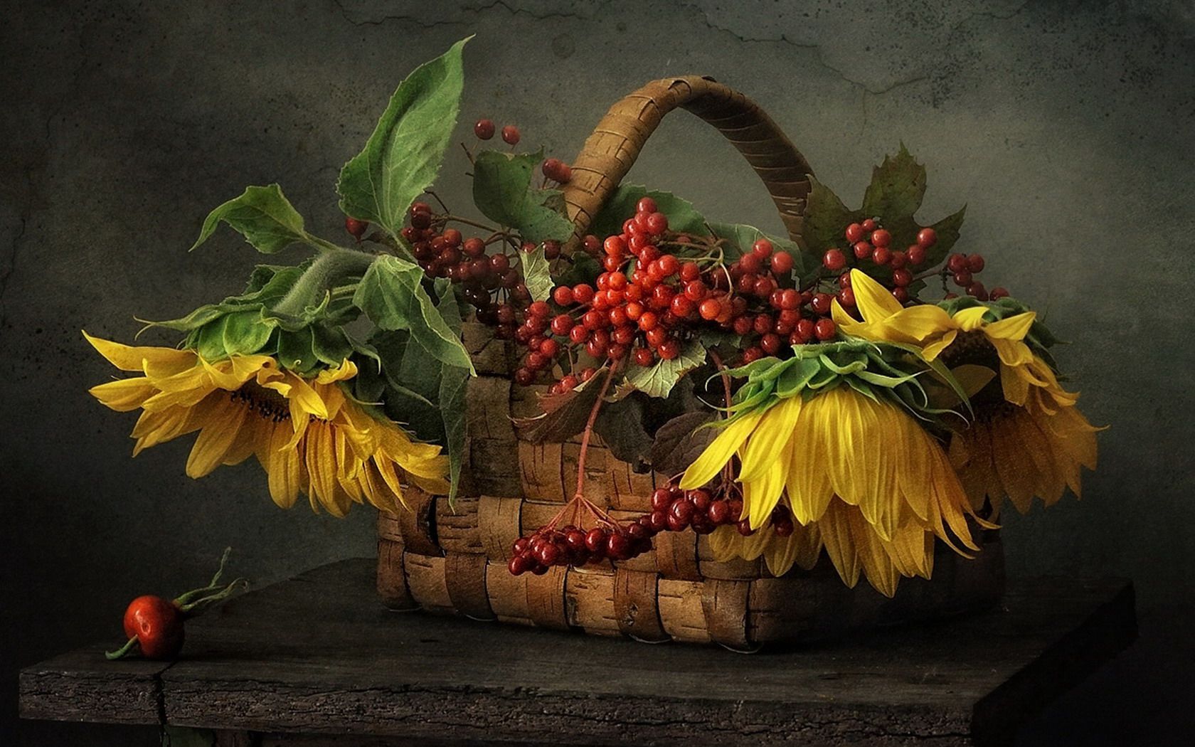 Free download wallpaper Still Life, Leaf, Berry, Table, Basket, Sunflower, Photography on your PC desktop