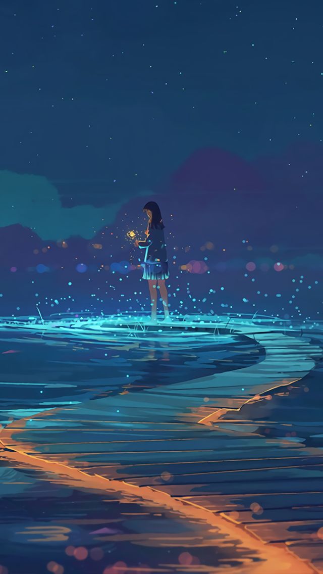 Download mobile wallpaper Anime, Water, Night, Original, Black Hair, Long Hair for free.