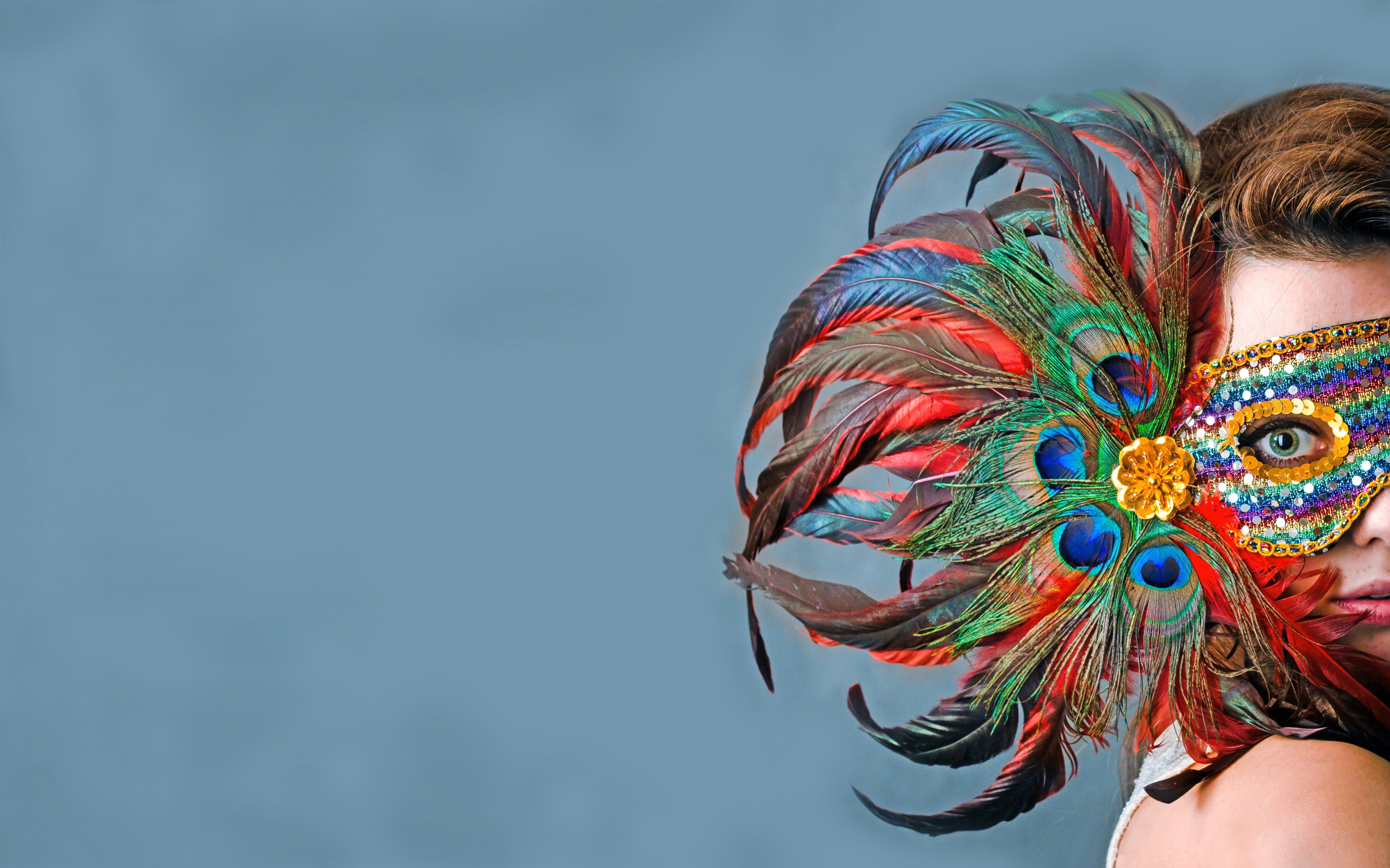 Free download wallpaper Feather, Mask, Colorful, Face, Photography, Green Eyes on your PC desktop