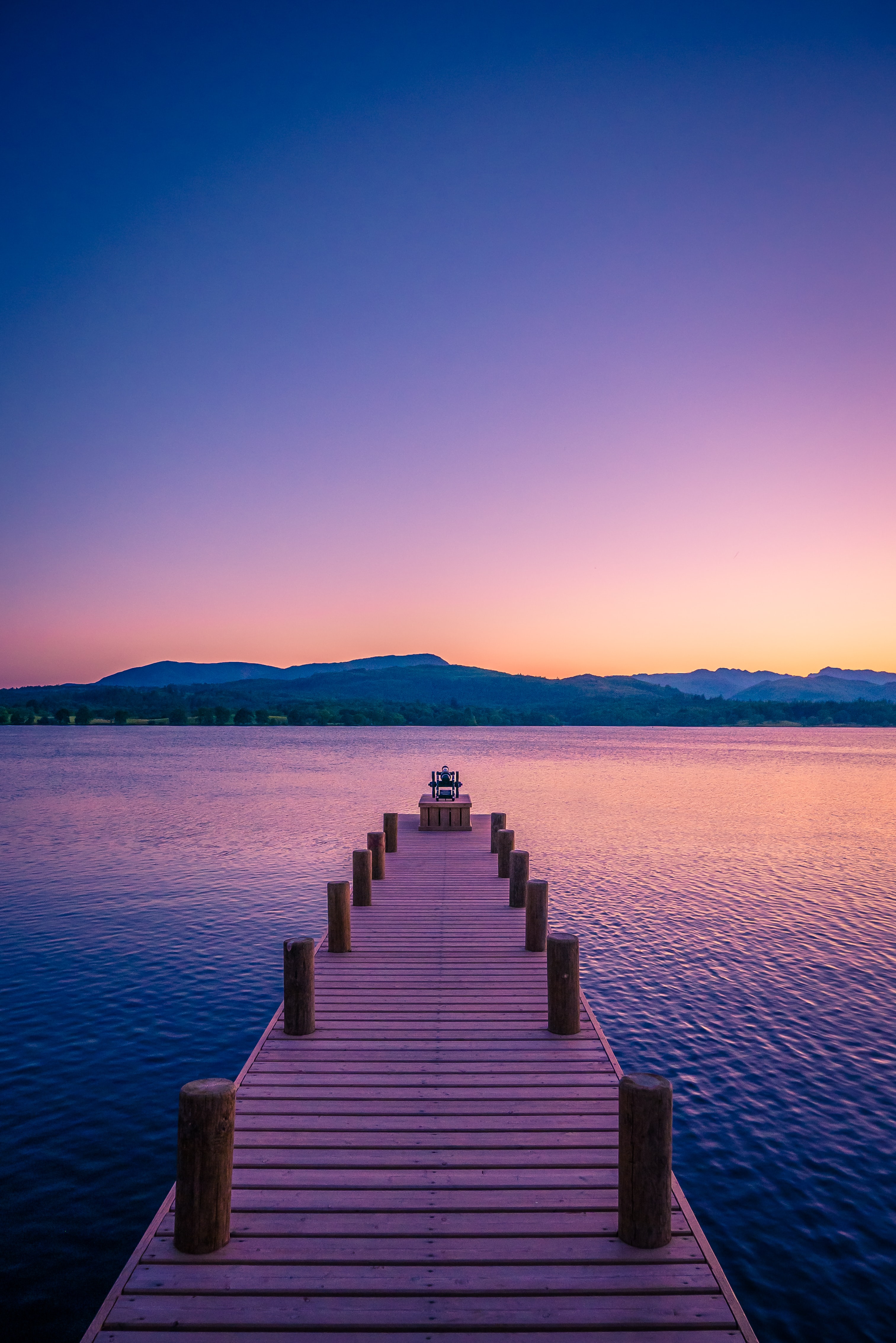 lake, pier, nature, mountains, twilight, dusk Full HD