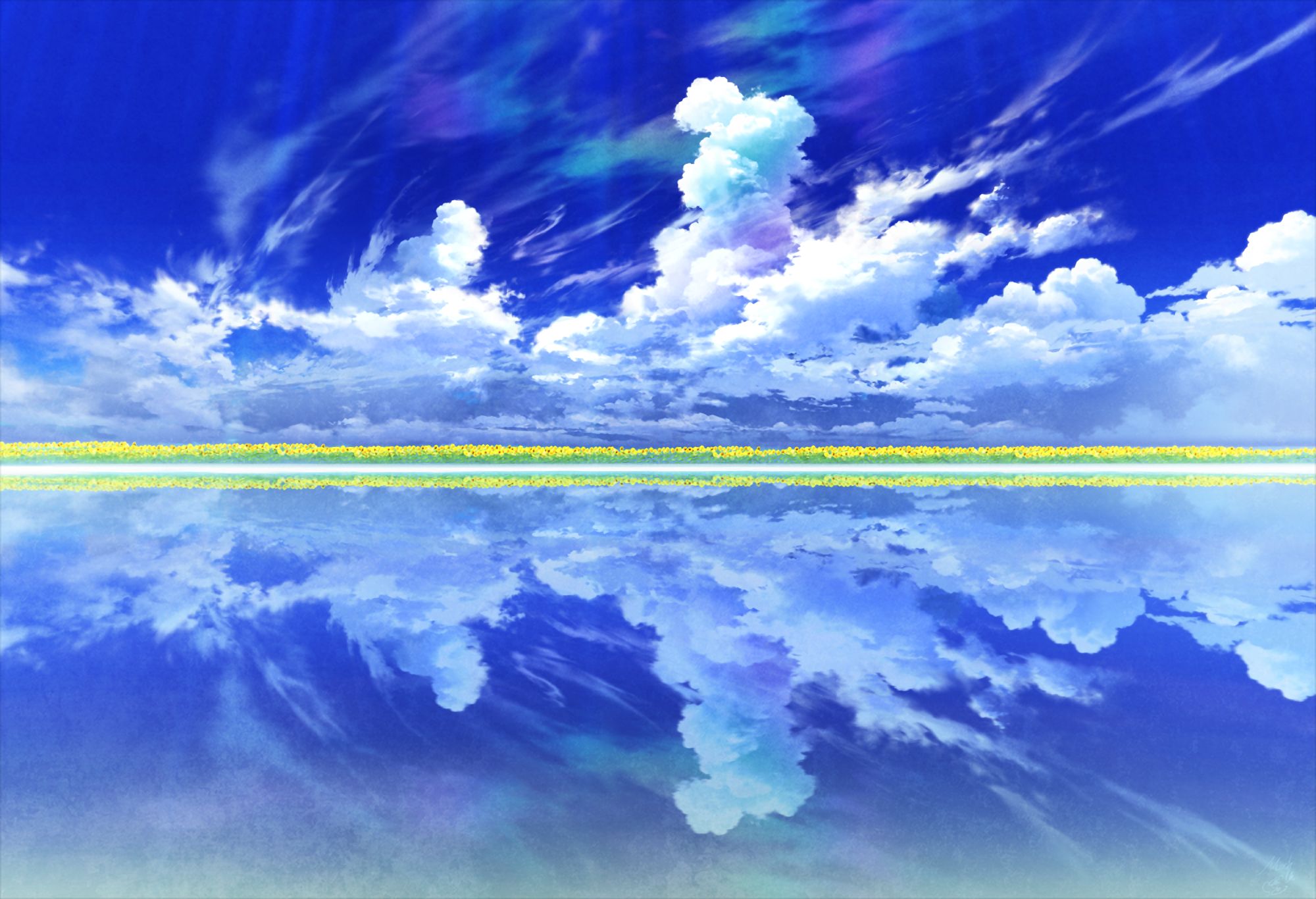 Handy-Wallpaper Wasser, Wolke, Himmel, Animes, Spiegelung kostenlos herunterladen.