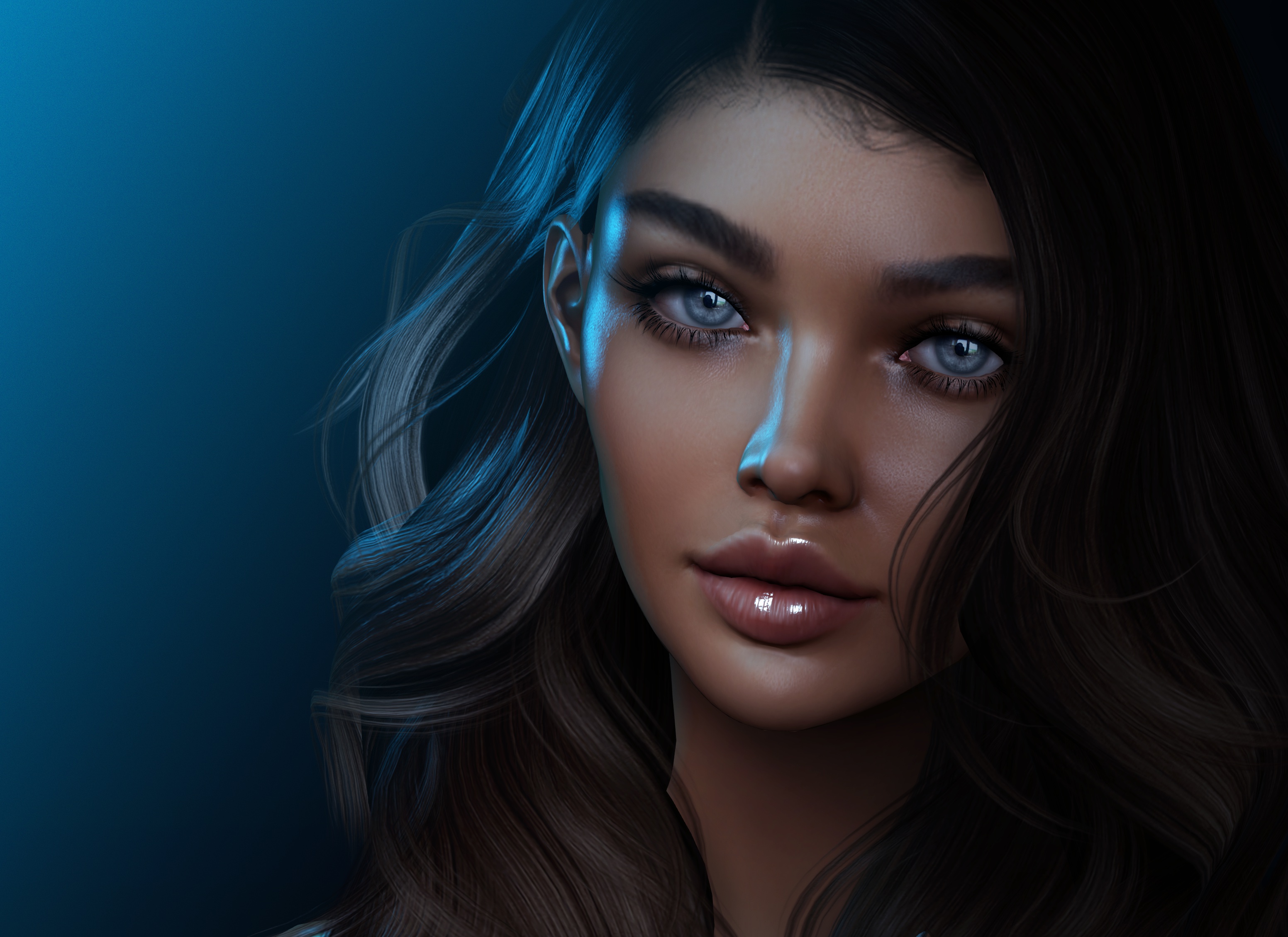 Laden Sie das 3D, Haar, Gesicht, Frauen, Lippen, Blaue Augen, Künstlerisch-Bild kostenlos auf Ihren PC-Desktop herunter