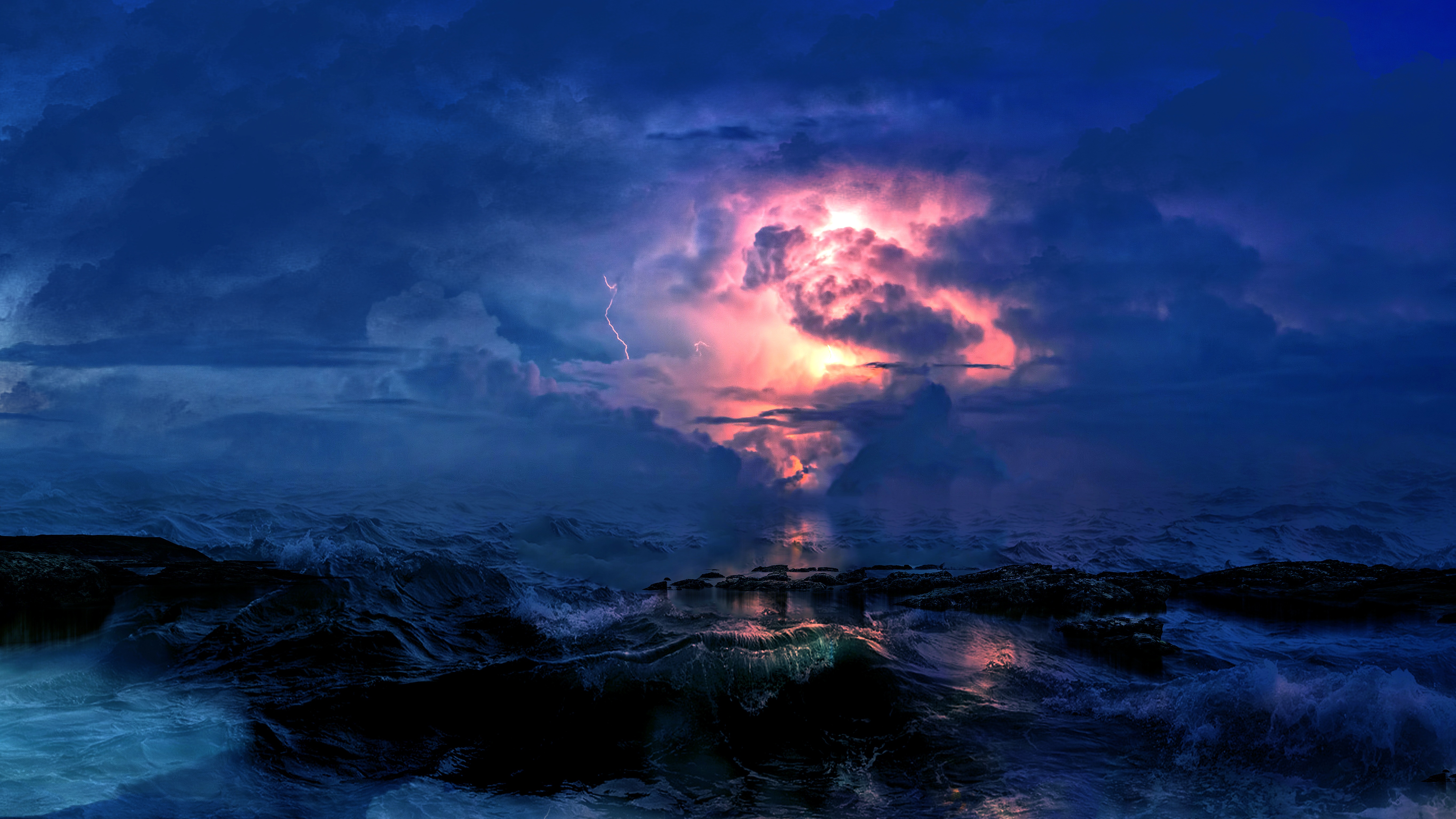 lightning, nature, sea, clouds, waves, mainly cloudy, overcast, storm Full HD