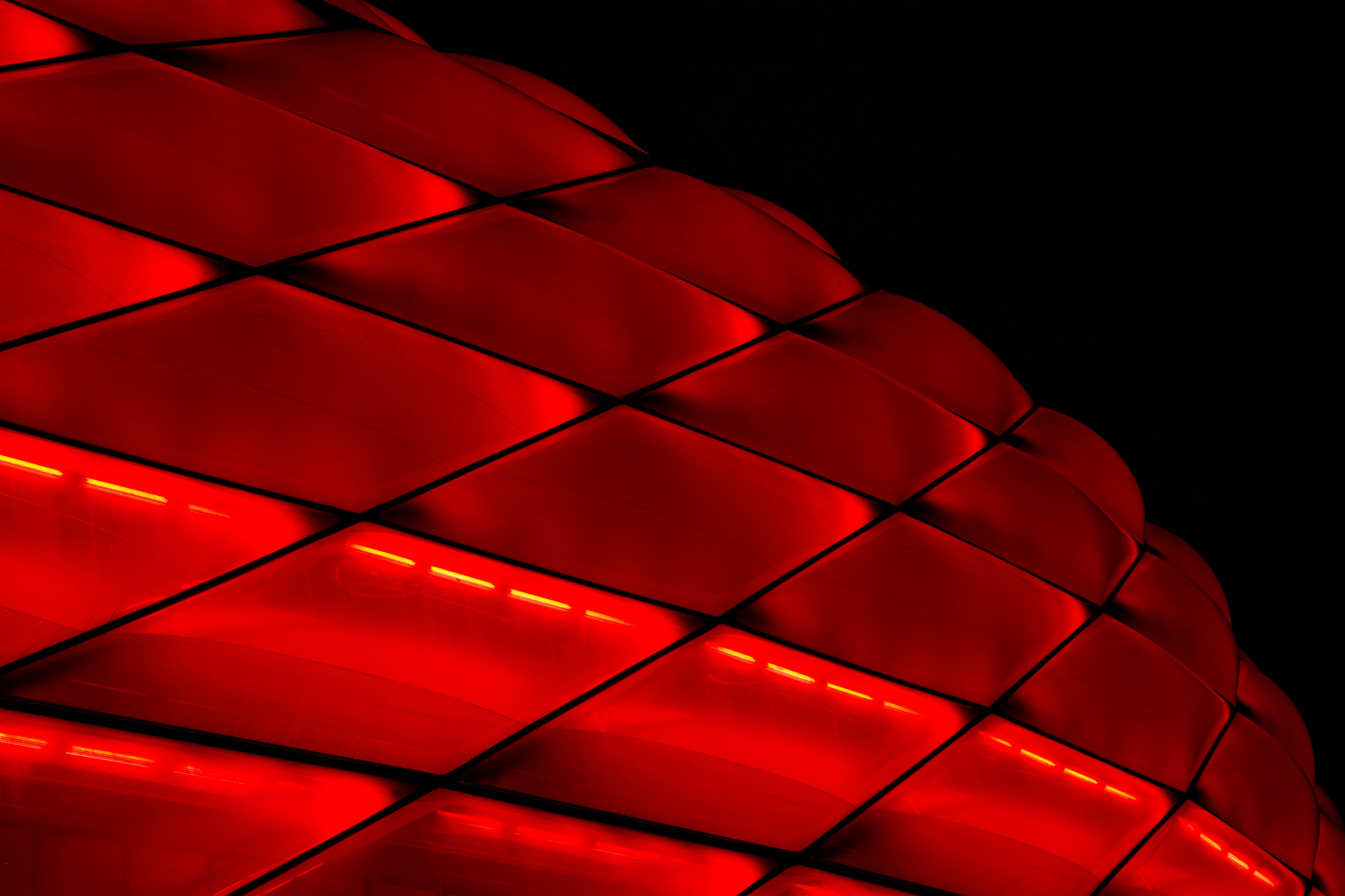 backlight, architecture, red, building, miscellanea, miscellaneous, grid, illumination, facade desktop HD wallpaper