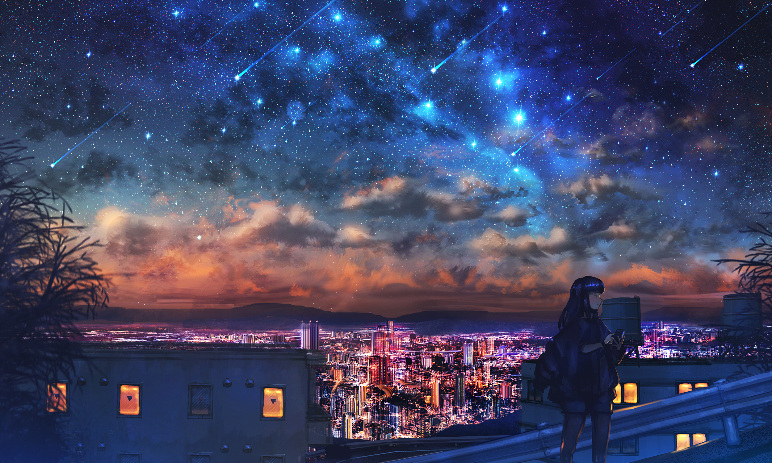 Скачать картинку Аниме, Город, Звездное Небо, Падающая Звезда, Оригинал в телефон бесплатно.