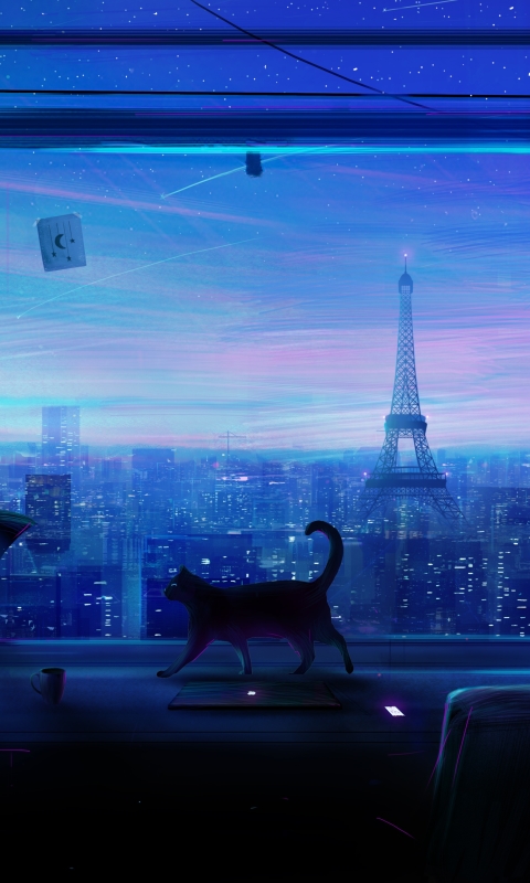 Download mobile wallpaper Anime, Sky, Stars, City, Cat for free.