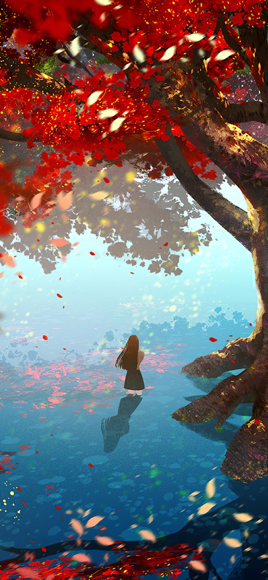 Download mobile wallpaper Anime, Reflection, Tree, Fall for free.