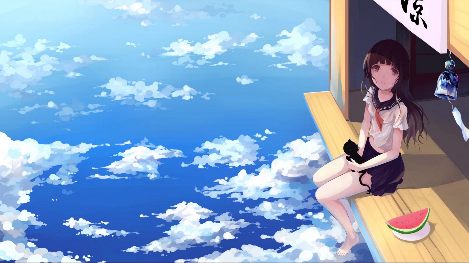 Download mobile wallpaper Anime, Sky, Cat, Watermelon, Cloud, Original, School Uniform, Black Hair, Long Hair, Purple Eyes for free.