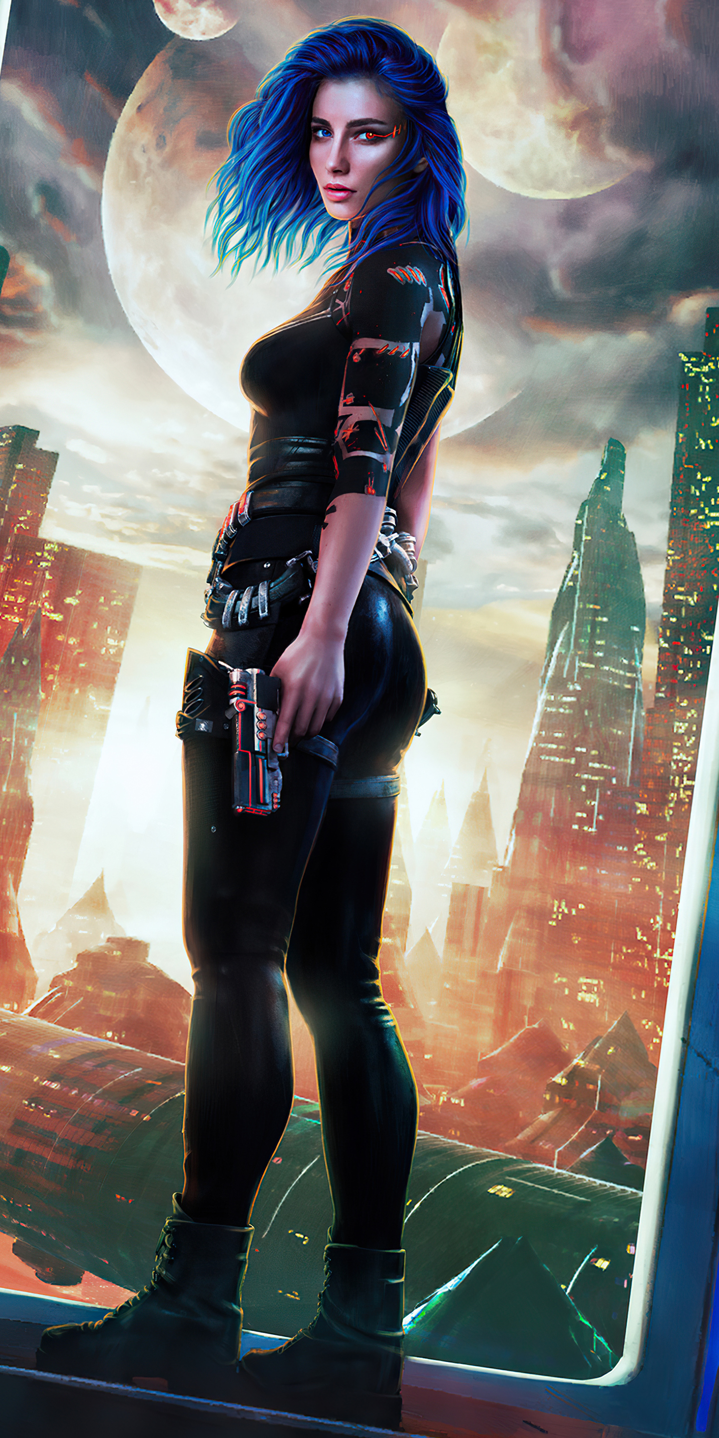 Download mobile wallpaper Sci Fi, Blue Hair, Short Hair, Women Warrior, Woman Warrior for free.