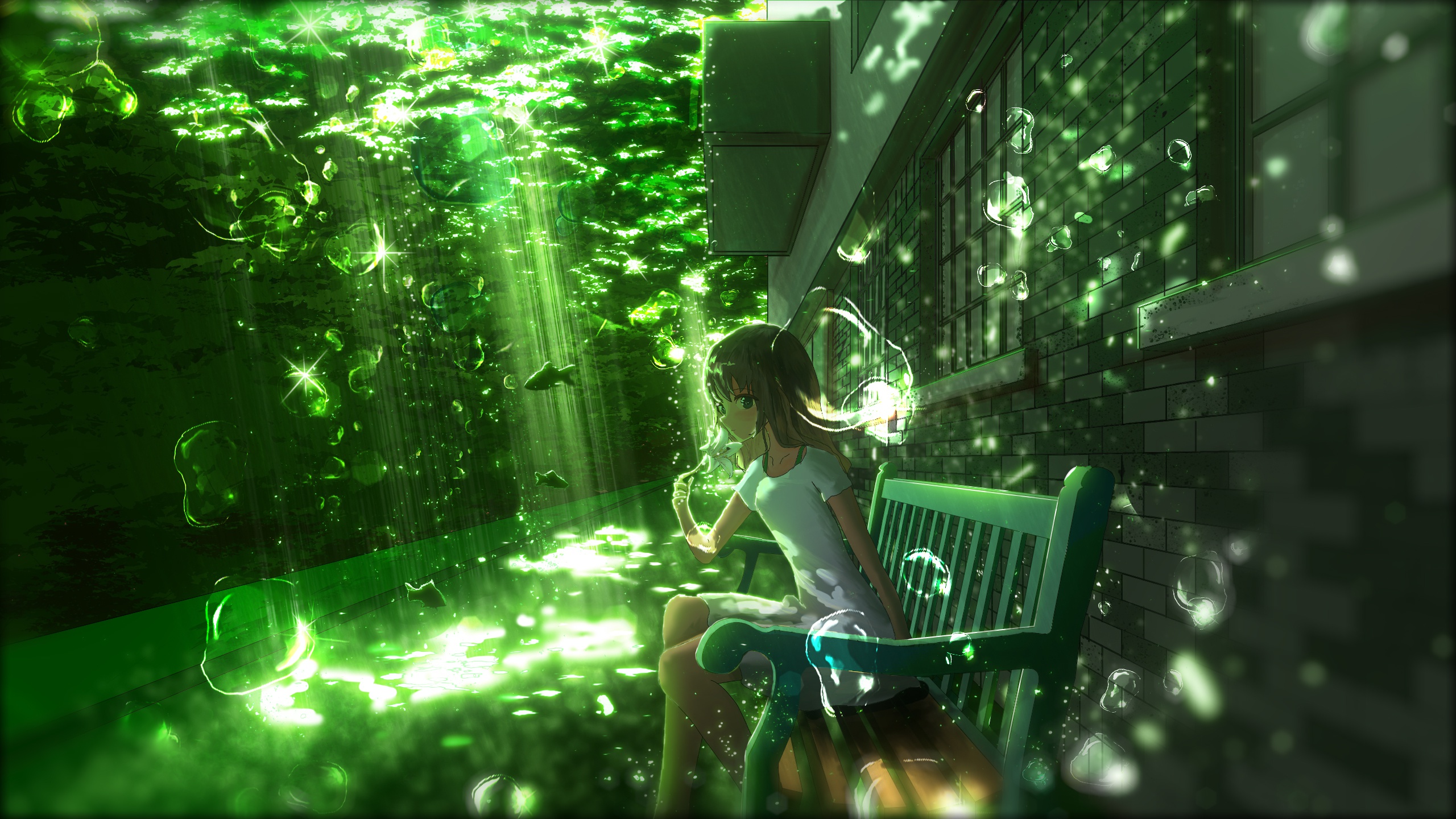 Free download wallpaper Anime, Girl, Underwater, Bubble, Sunbeam, White Dress on your PC desktop