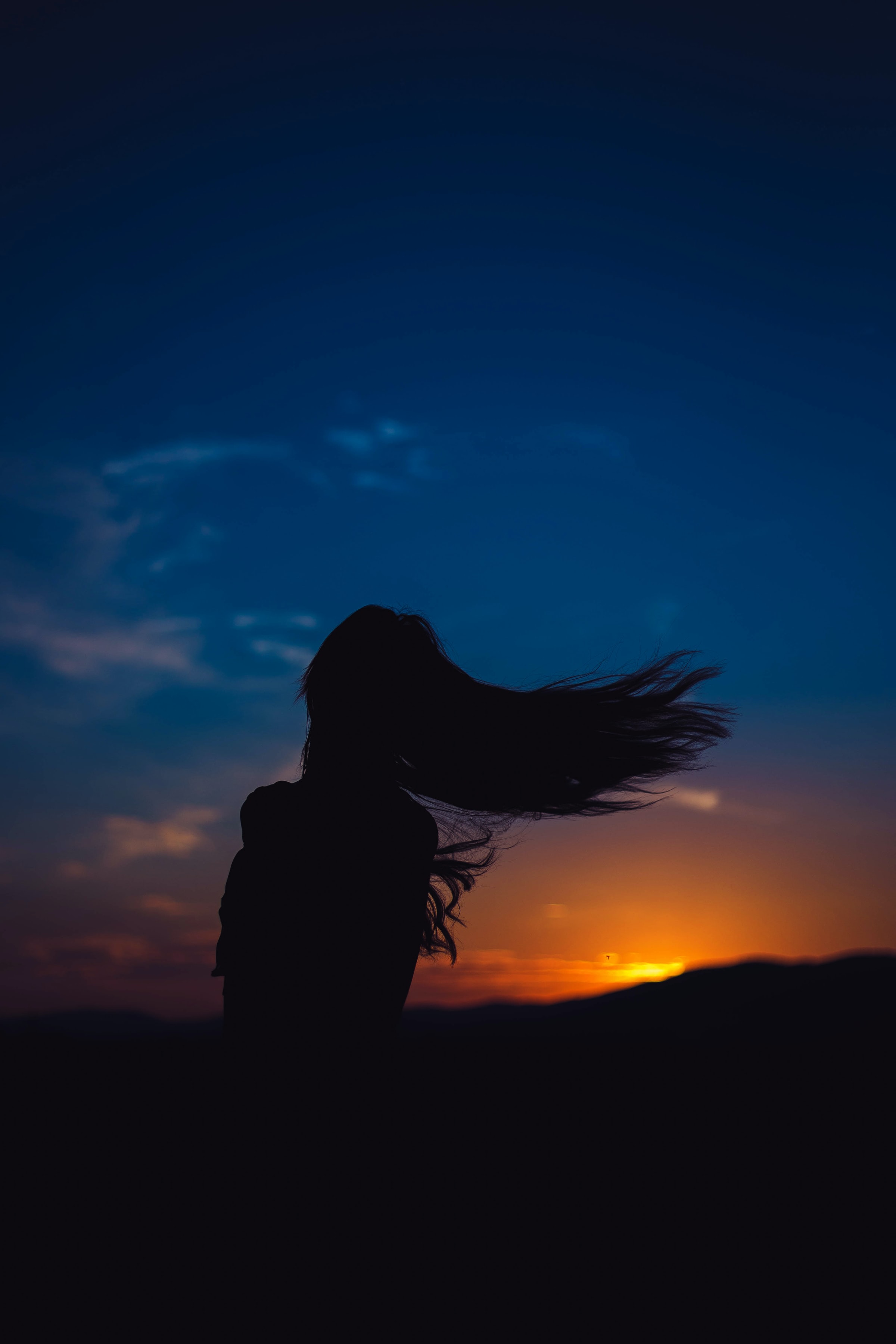 dark, hair, girl, sunset, silhouette, traffic, movement HD wallpaper
