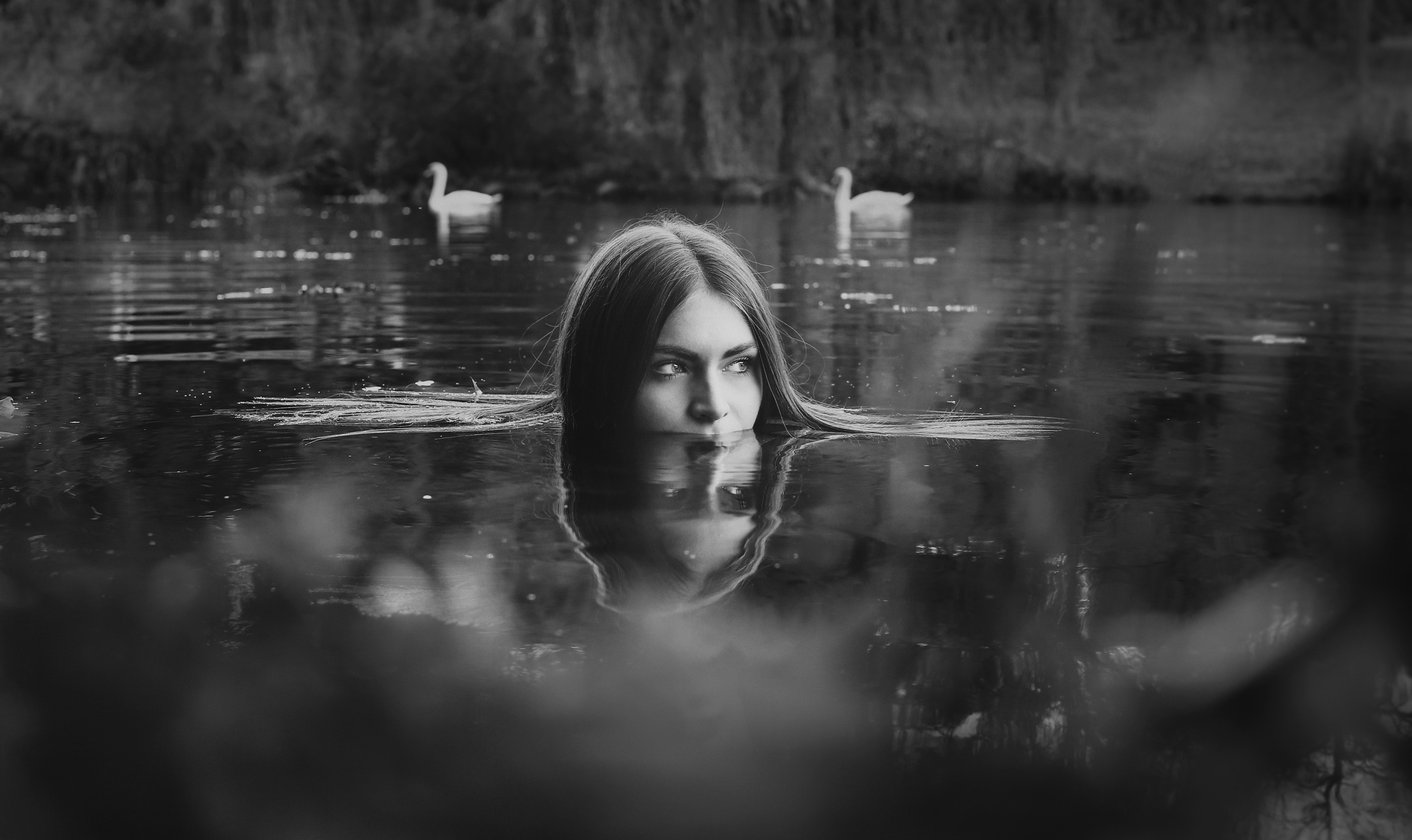 Download mobile wallpaper Water, Reflection, Swan, Face, Model, Women, Black & White for free.