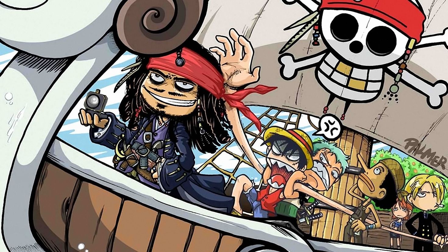 crossover, jack sparrow, monkey d luffy, nami (<b>one</b> <b>piece</b>), sanji (<b>one</b> <b>piece</b>), uso...