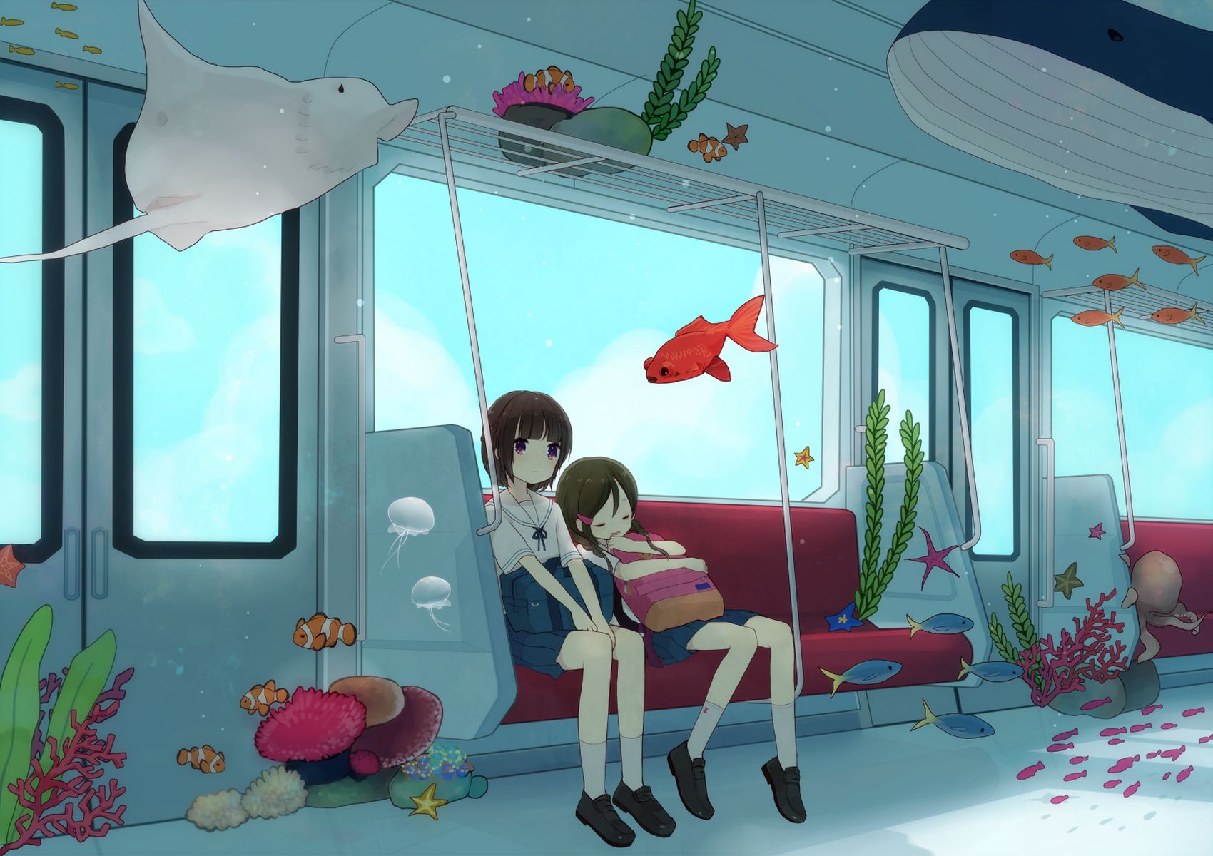 Download mobile wallpaper Anime, Water, Fish, Train, Sleeping, Underwater, Original for free.